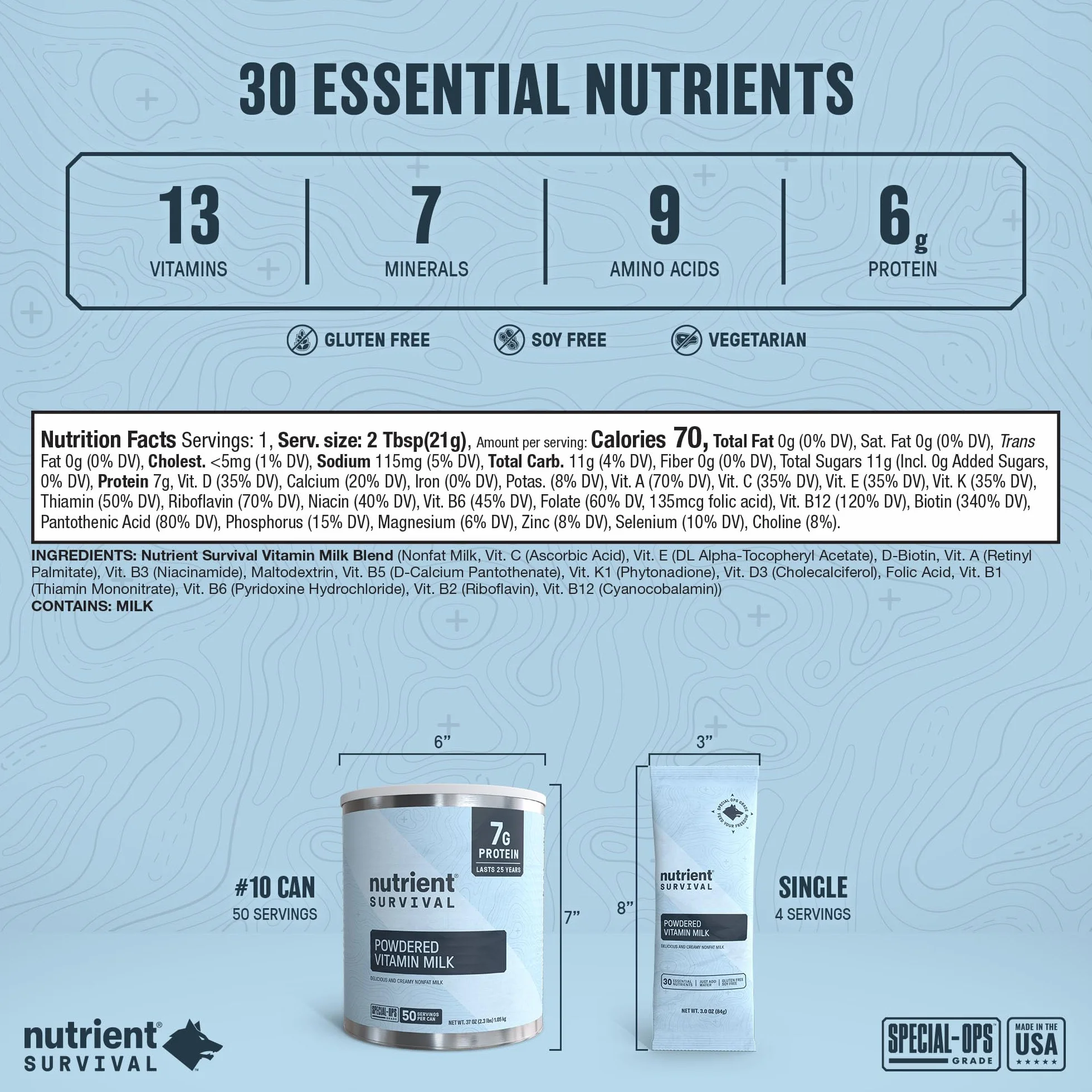 Nutrient Survival Leche en polvo con vitaminas, suministros de preparación liofilizados y suministro de alimentos de emergencia, 21 nutrientes esenciales, sin soja ni gluten, estable hasta 25 años
