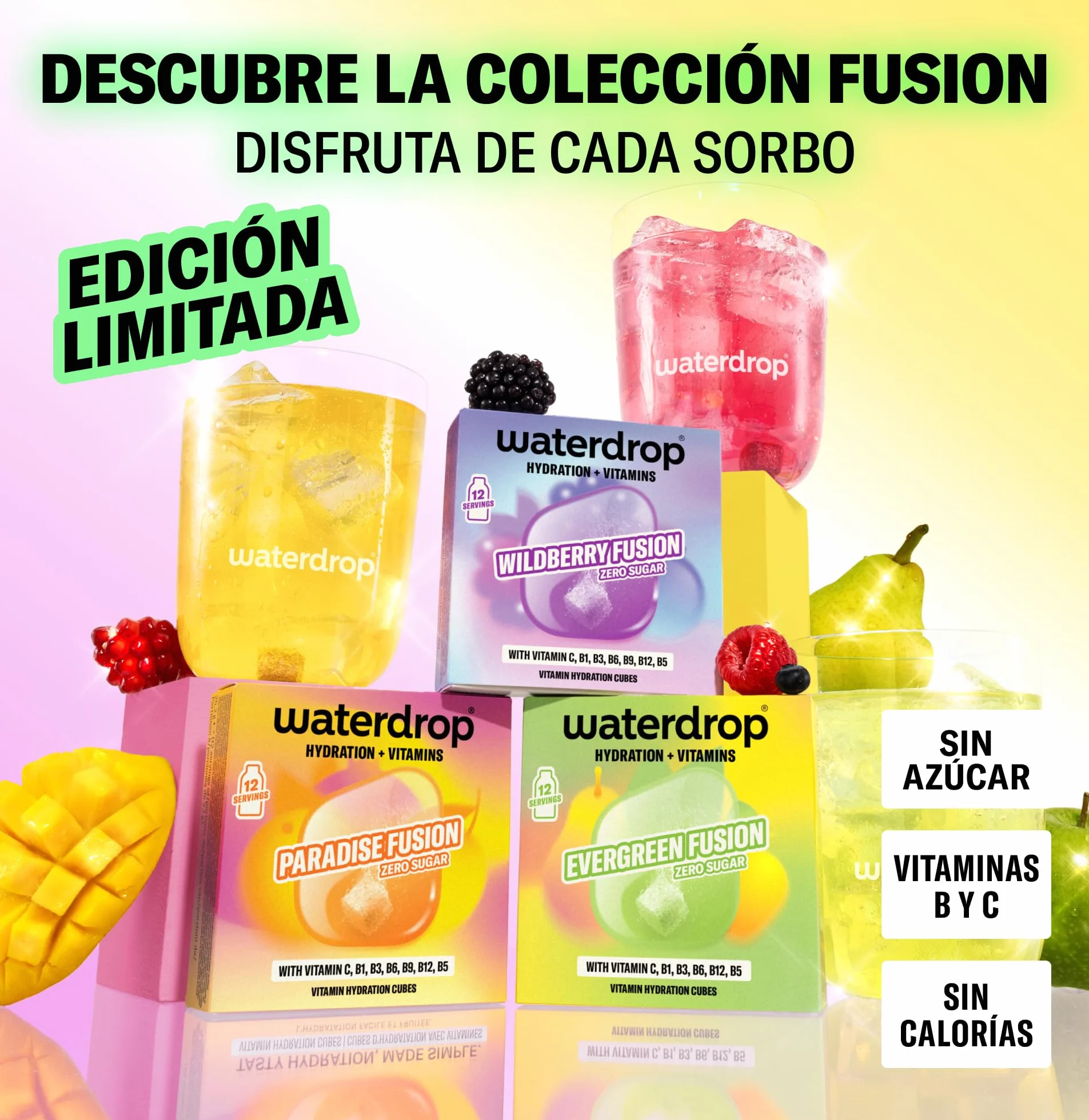 waterdrop® Microdrink FUSION COLLECTION - Set de 36 Pastillas Saborizantes para Agua - Mix de Frutas - Vitaminas C y B12 - Sin Azúcar y Bajo en Calorías - Alternativa Saludable a los Refrescos