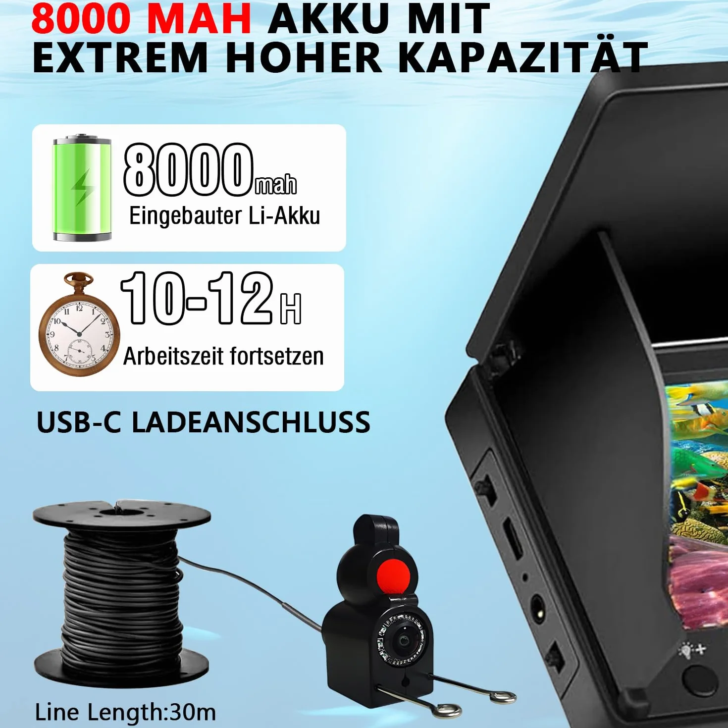 Cámara subacuática para pesca con pantalla IPS 4,3 pulgadas, cable 30 m, gran angular 220°, visión nocturna