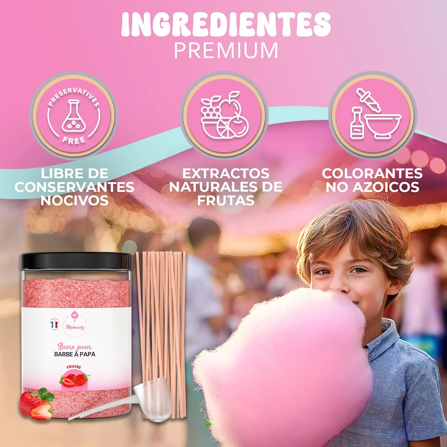Misskandy-Azúcar para Algodón de Azúcar, Fresa 1,4 kg (Sabores y Colorantes Naturales) +50palitos