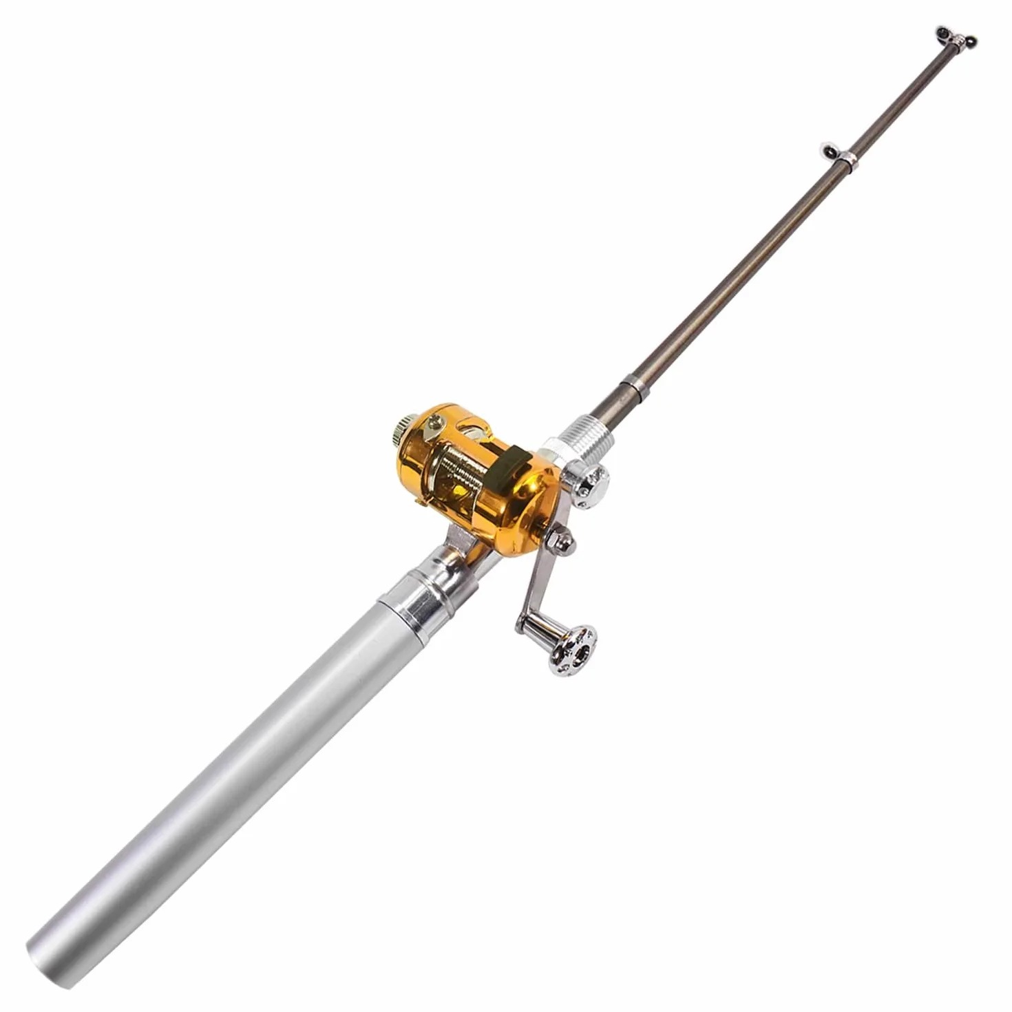 TRIXES Mini caña de pescar de bolsillo con carrete dorado plata carpa fósforo