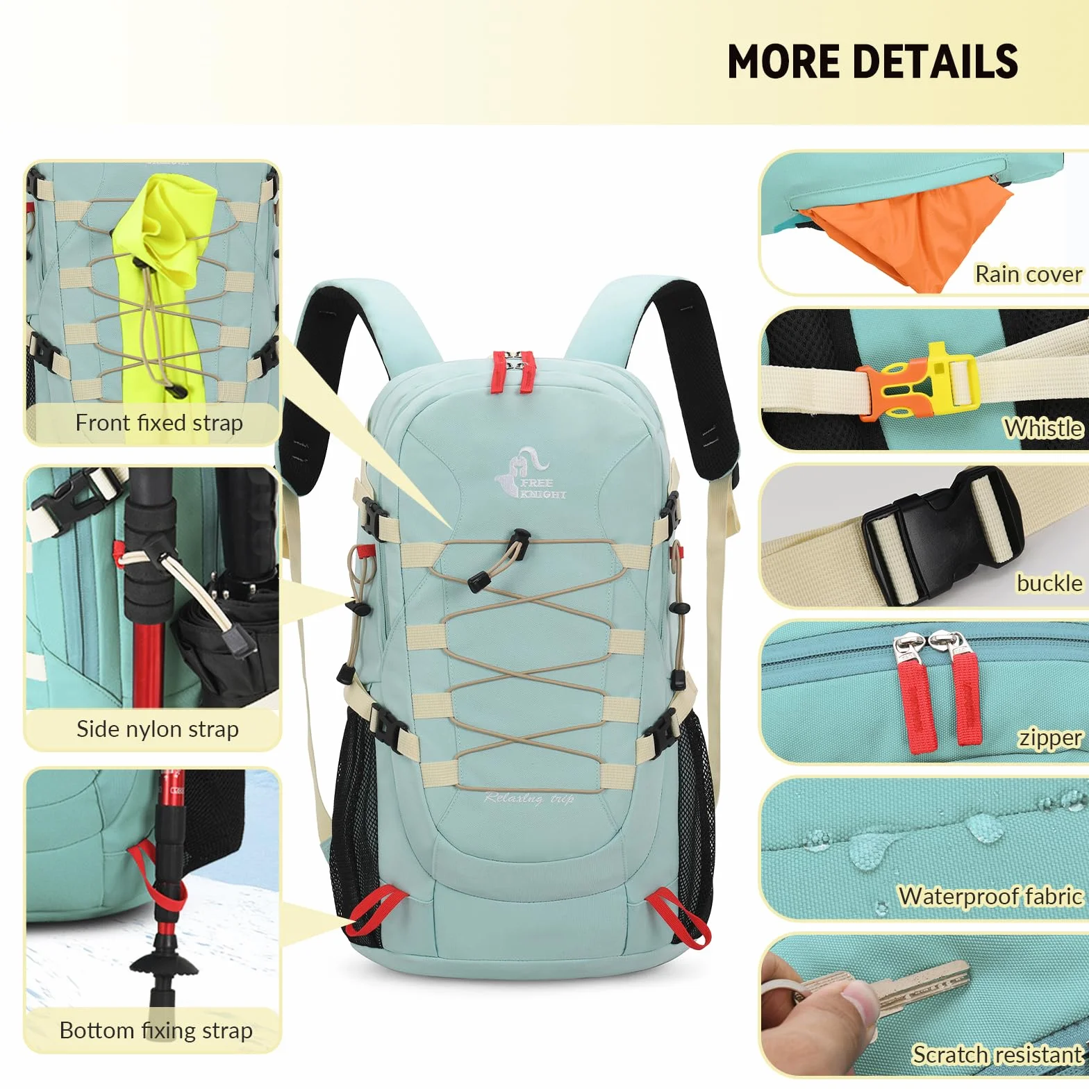 Bseash Mochila de senderismo impermeable 40L con cubierta de lluvia para viaje