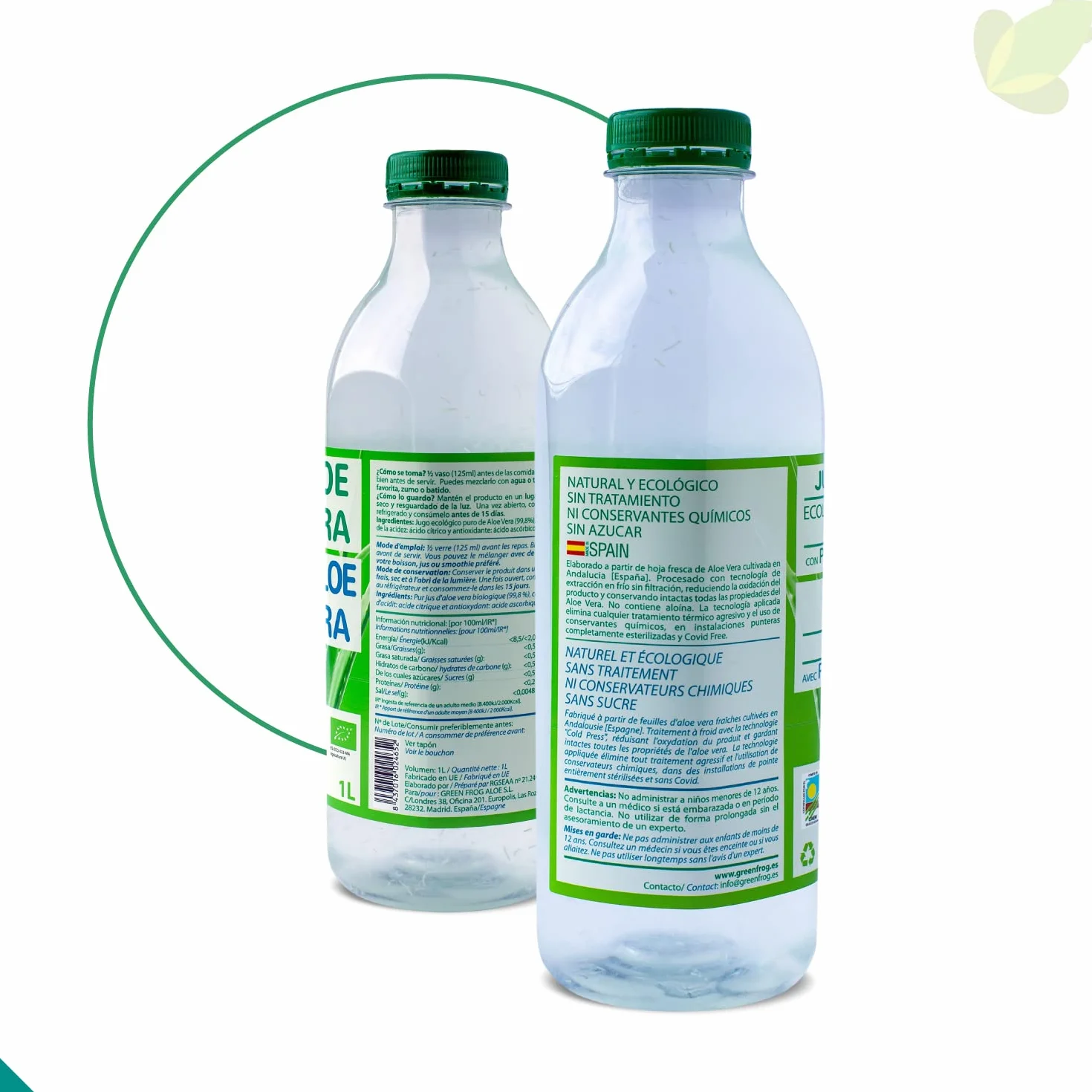 Green Frog - Bebida de Aloe Vera Puro con Pulpa (99,8%) - 1 Litro - Certificado Bio Europeo - 100% Ecológico - Libre de Aloínas y Azúcares - Rico en Vitaminas y Aminoácidos