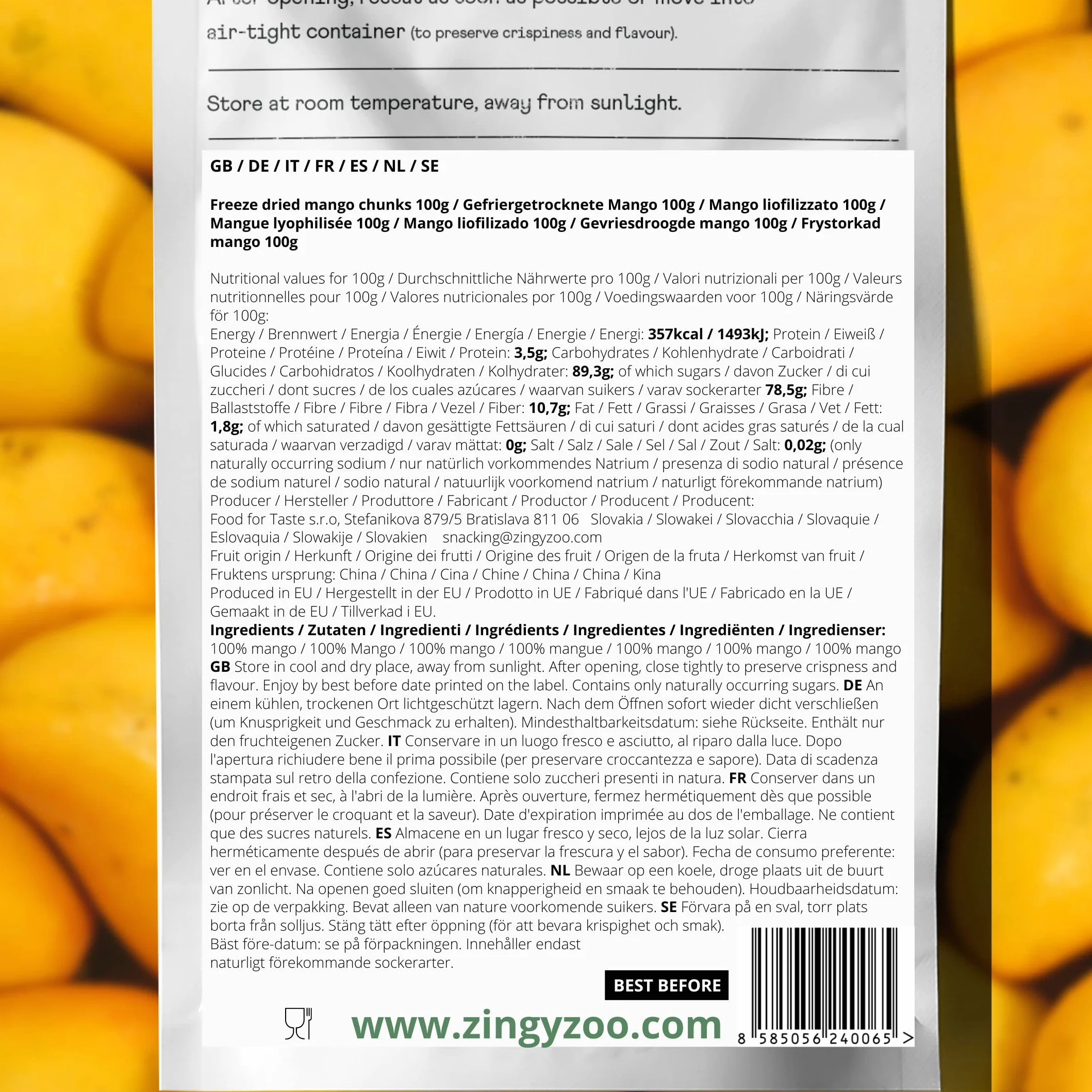 Mango Deshidratado | Liofilizado Mango Fruta Raw Natural Freeze Dried Fruit | Fruta Deshidratada Sin Azucar | Gefriergetrocknete Mango Fruta Liofilizada | Pure Dried Mango Snack ZingyZoo (100g)