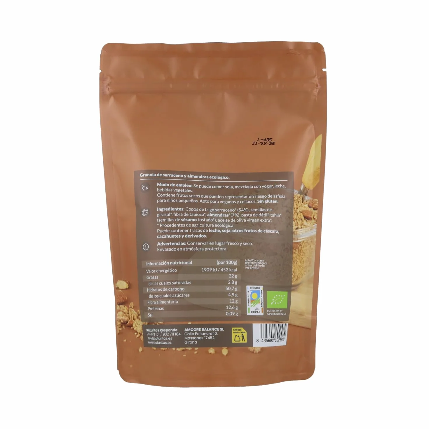 Granola de sarraceno y almendras BIO sin gluten | 275 g | Naturitas Essentials | Granola Bio de sarraceno y almendras | 100% origen agrícola | Mueslis y Cereales de Desayuno