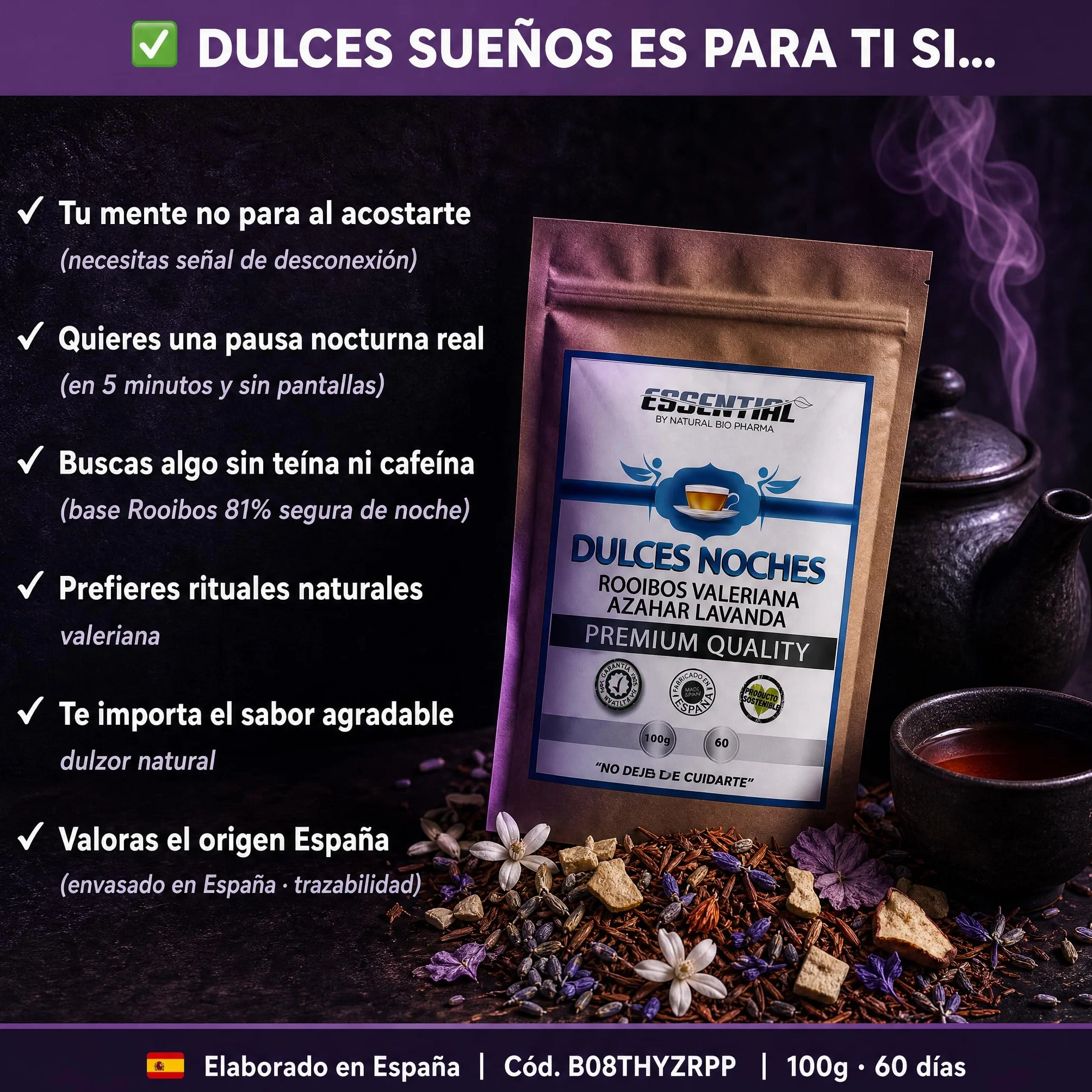 Duerme bien. Infusiones Relajantes para la Ansiedad y para Dormir Profundo toda la Noche. Rooibos de Valeriana, Lavanda, Malva, Azahar y Manzana. Sueño Profundo con esta Infusión Relajante para Dormir