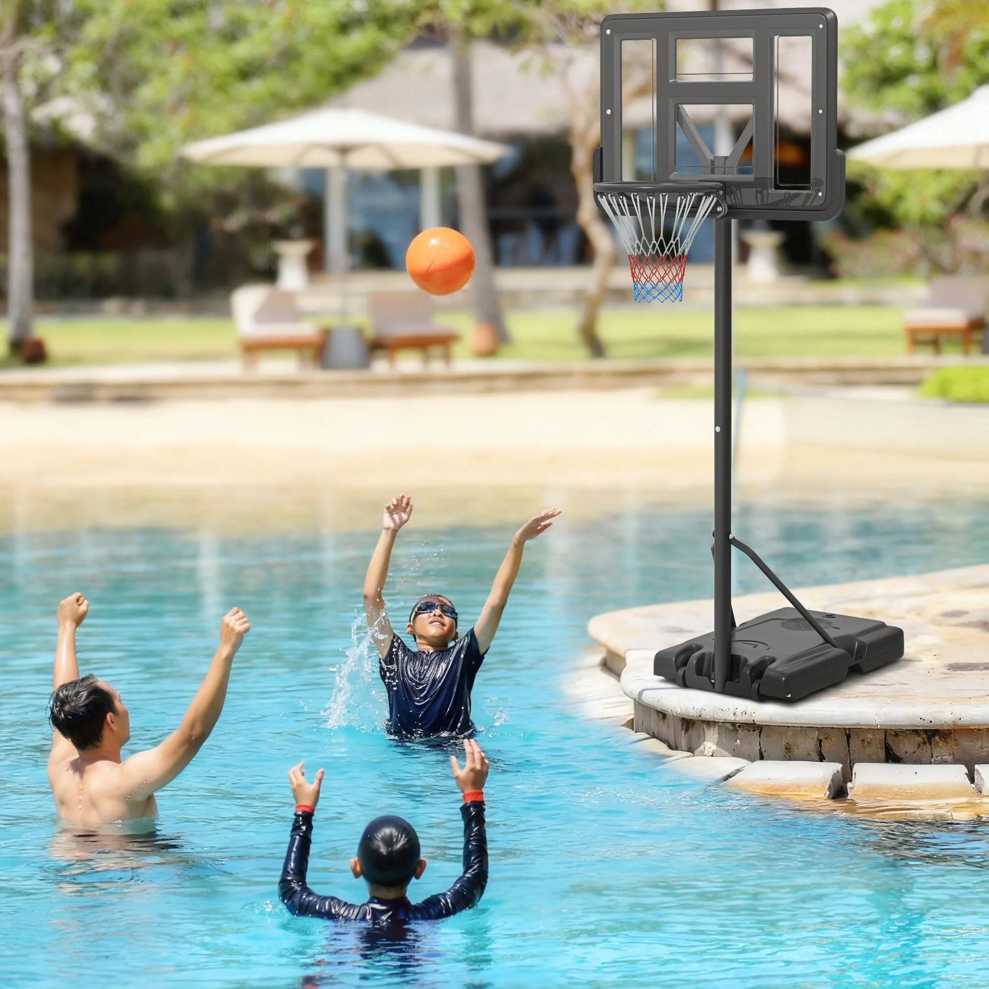 SPORTNOW Canasta de Baloncesto Exterior 2 en 1 Altura Ajustable 230-305 cm Aro para Piscina Soporte con Ruedas Base Rellenable Negro