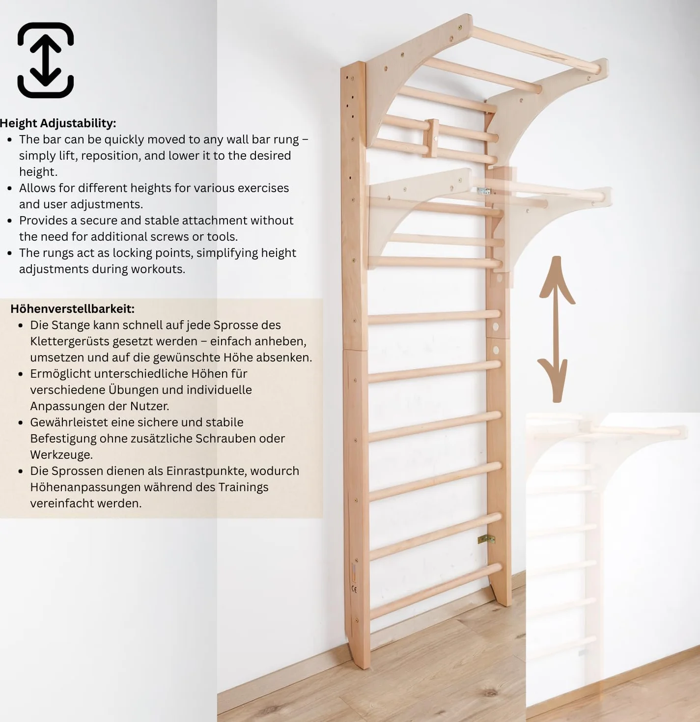 Espaldera de Gimnasio Kombi-1-220 Escalera Sueca de Madera para Niños y Adultos