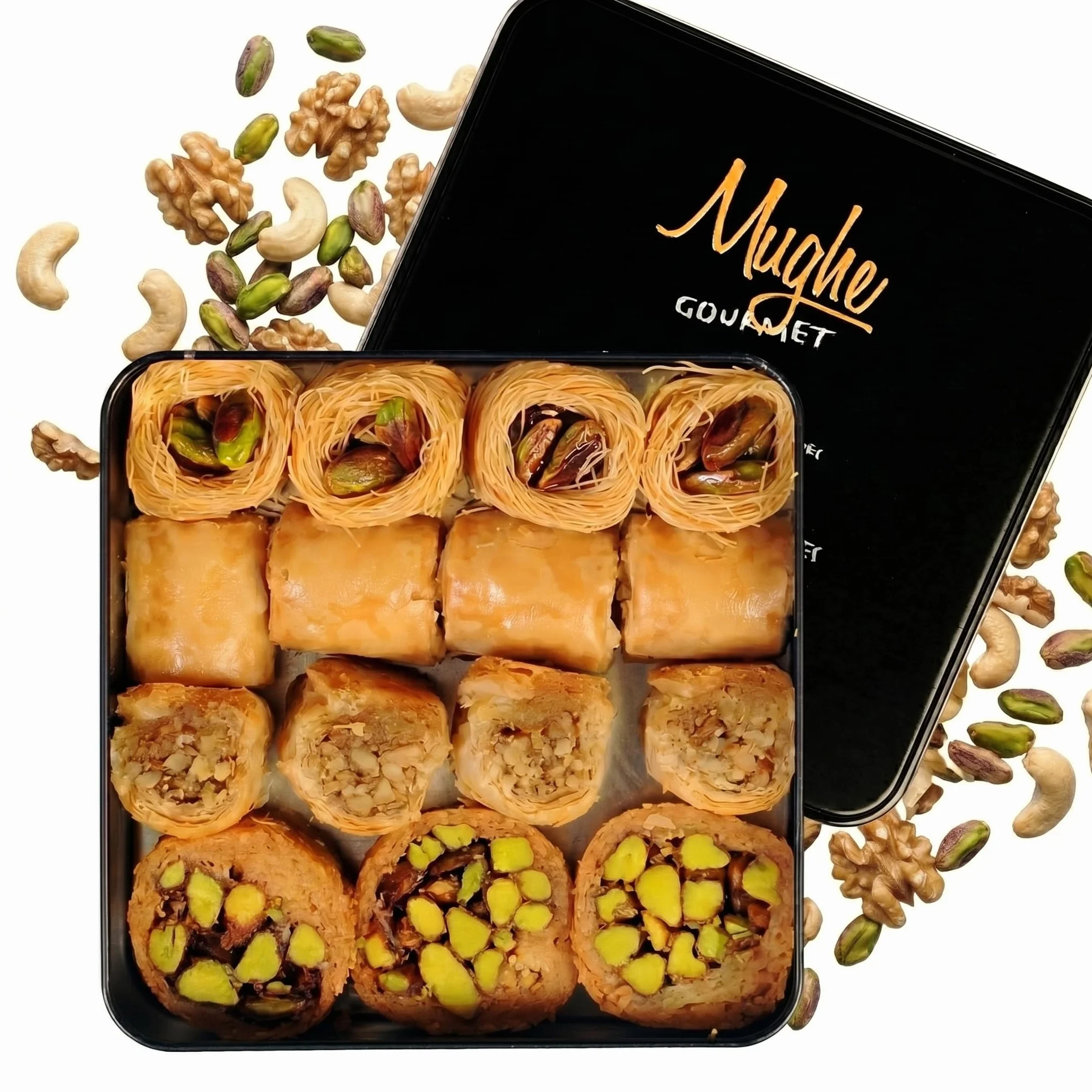 Mughe Gourmet - Caja de regalo elegante de surtido de Baklava - Baklawa Pequeños postres en tamaño bocado de pistacho, anacardo, avellana y nuez - 250g - Perfecto para cumpleaños, Navidad, Eid y más