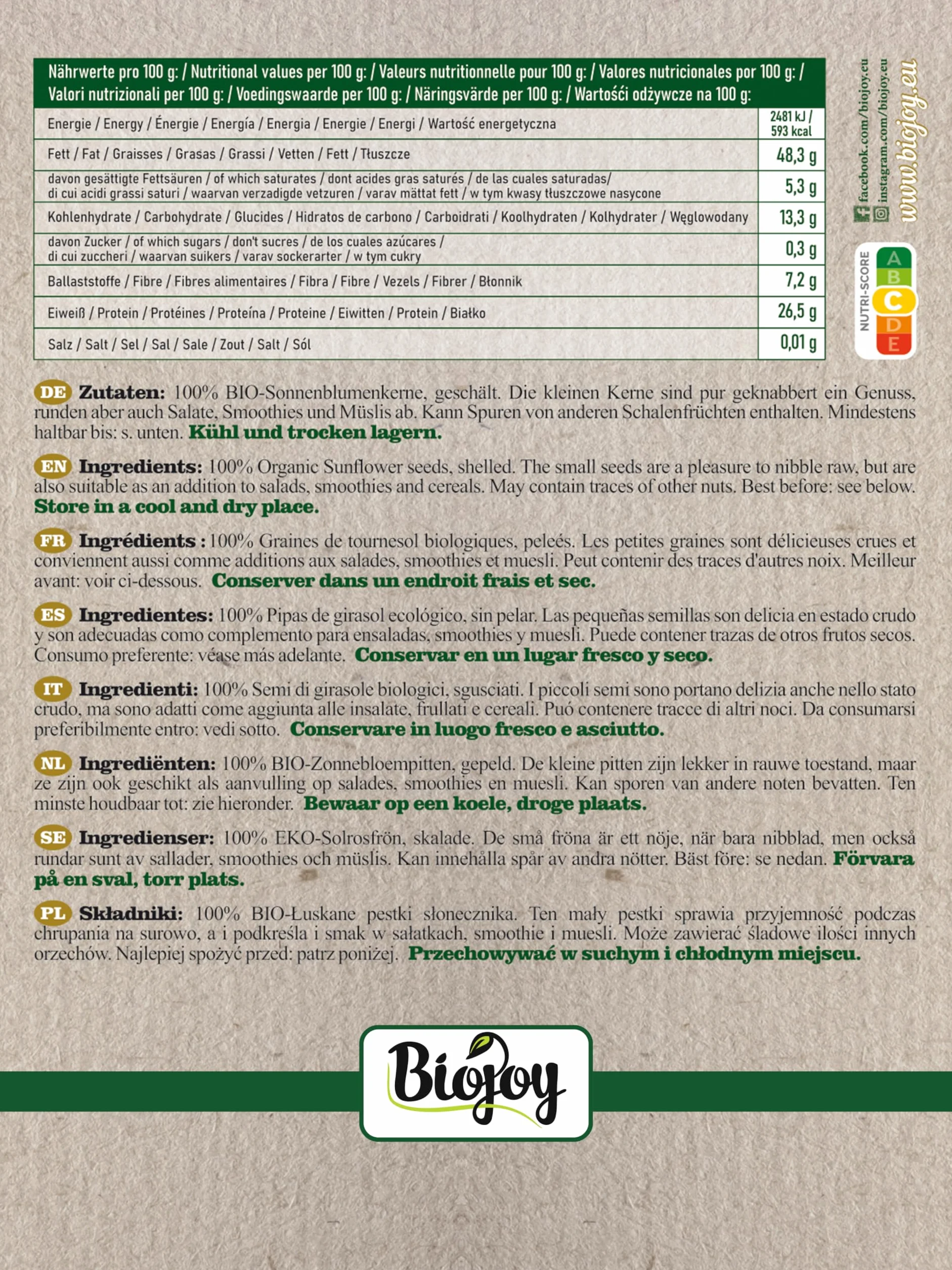 Biojoy Semillas de Girasol Orgánicas (1,5 kg), peladas, crudas y sin sal