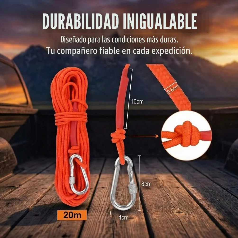 Cuerda de Escalada Auxiliar 20m 6mm con Mosquetón Naranja Multiusos