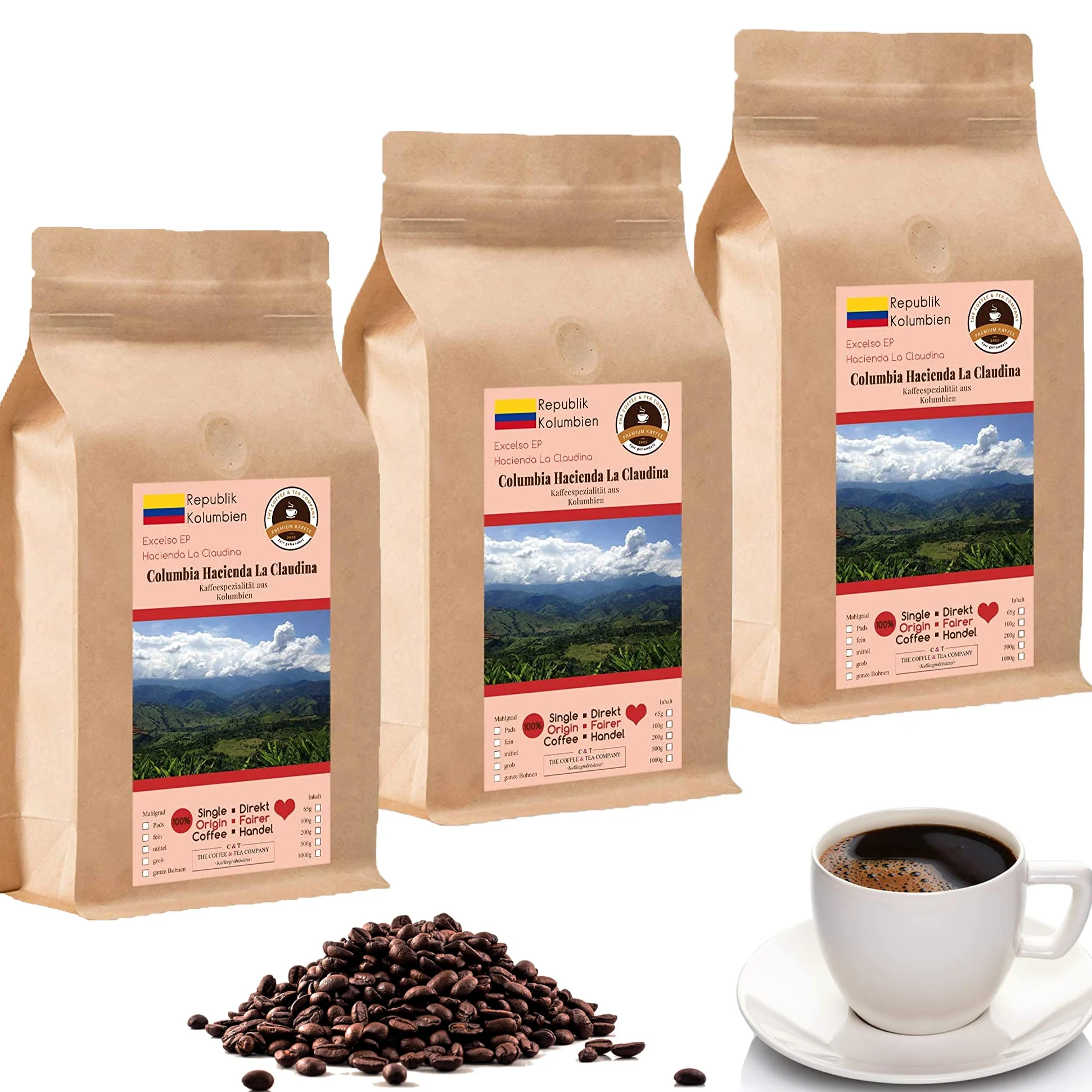 Café Globetrotter – Café con corazón – Colombia Hacienda La Claudina – 3 x 1000 g de granos integrales – Café de vanguardia del comercio justo de Colombia apoya proyectos sociales