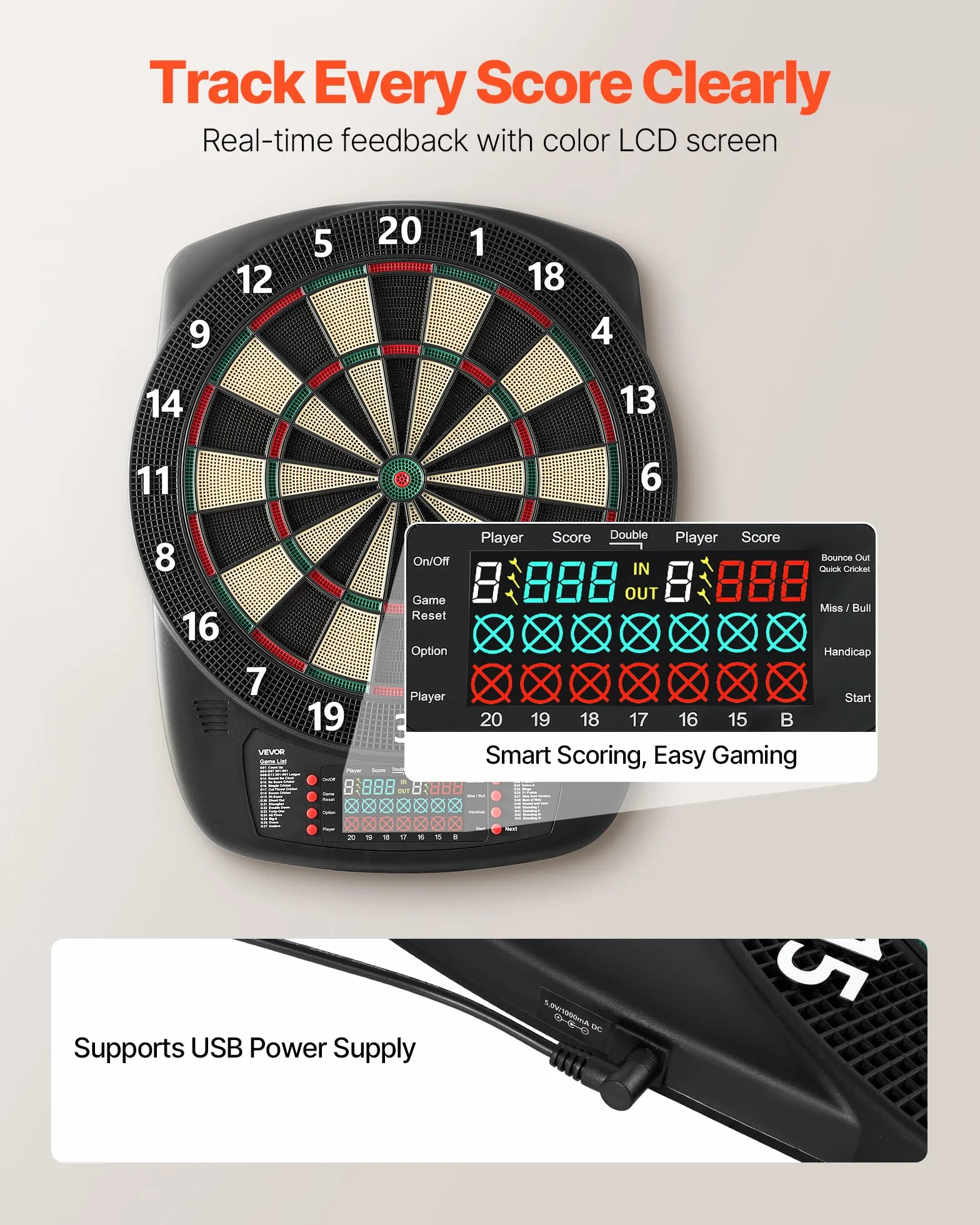 VEVOR Diana Electrónica 43 Juegos 200 Variantes 8 Jugadores 6 Ejes Dardos Marcador LCD PP ABS 517 x 424 x 30 mm