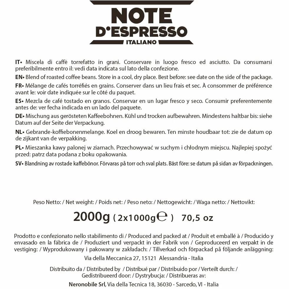 Note d'Espresso - Clásico - Café en Grano - 2 x 1 kg