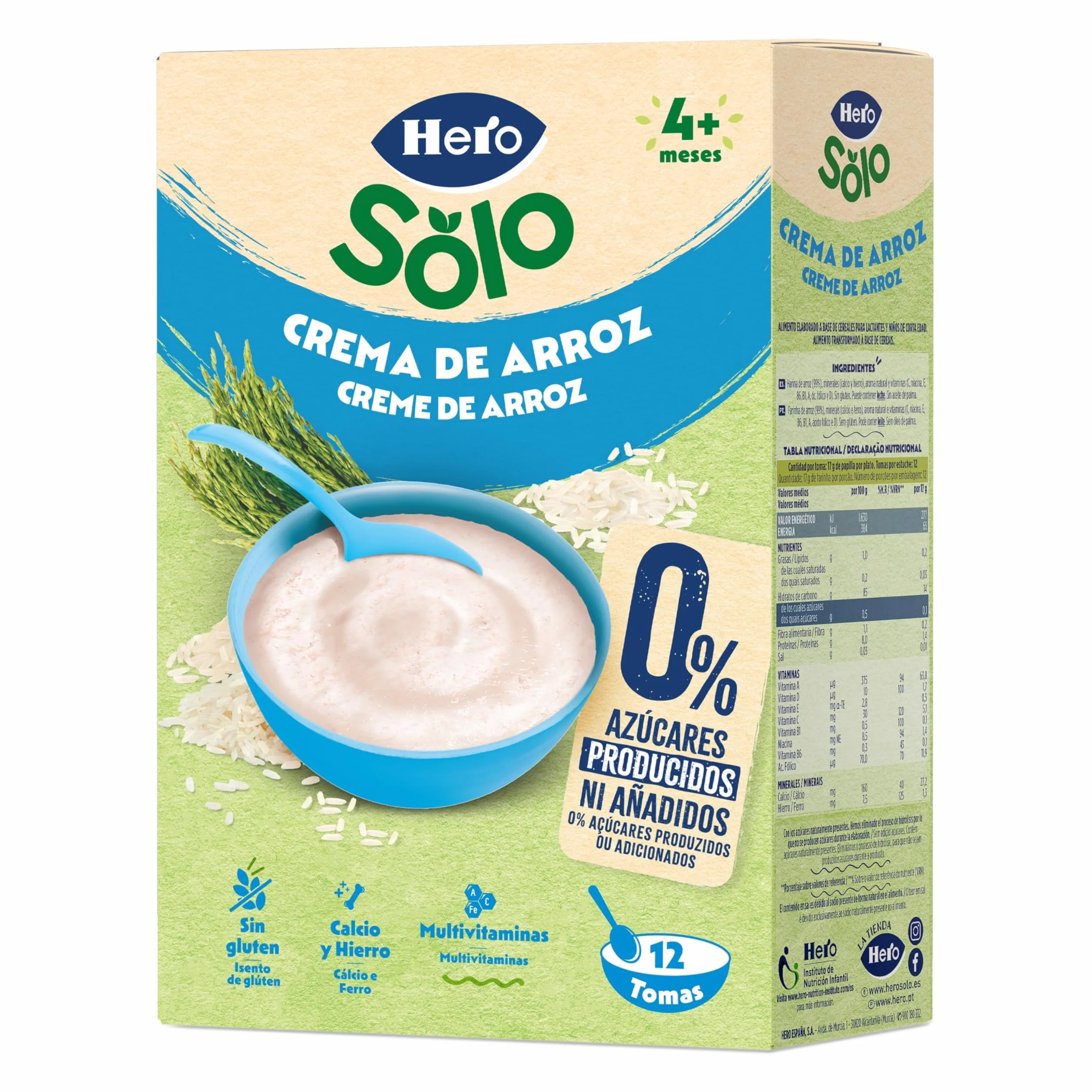 Hero Solo Papilla Crema de Arroz, Sin Gluten, Rica en Fibras y Vitaminas, Sabor Natural para Bebés, a partir de 4 meses, Pack x 6 units x 220 g