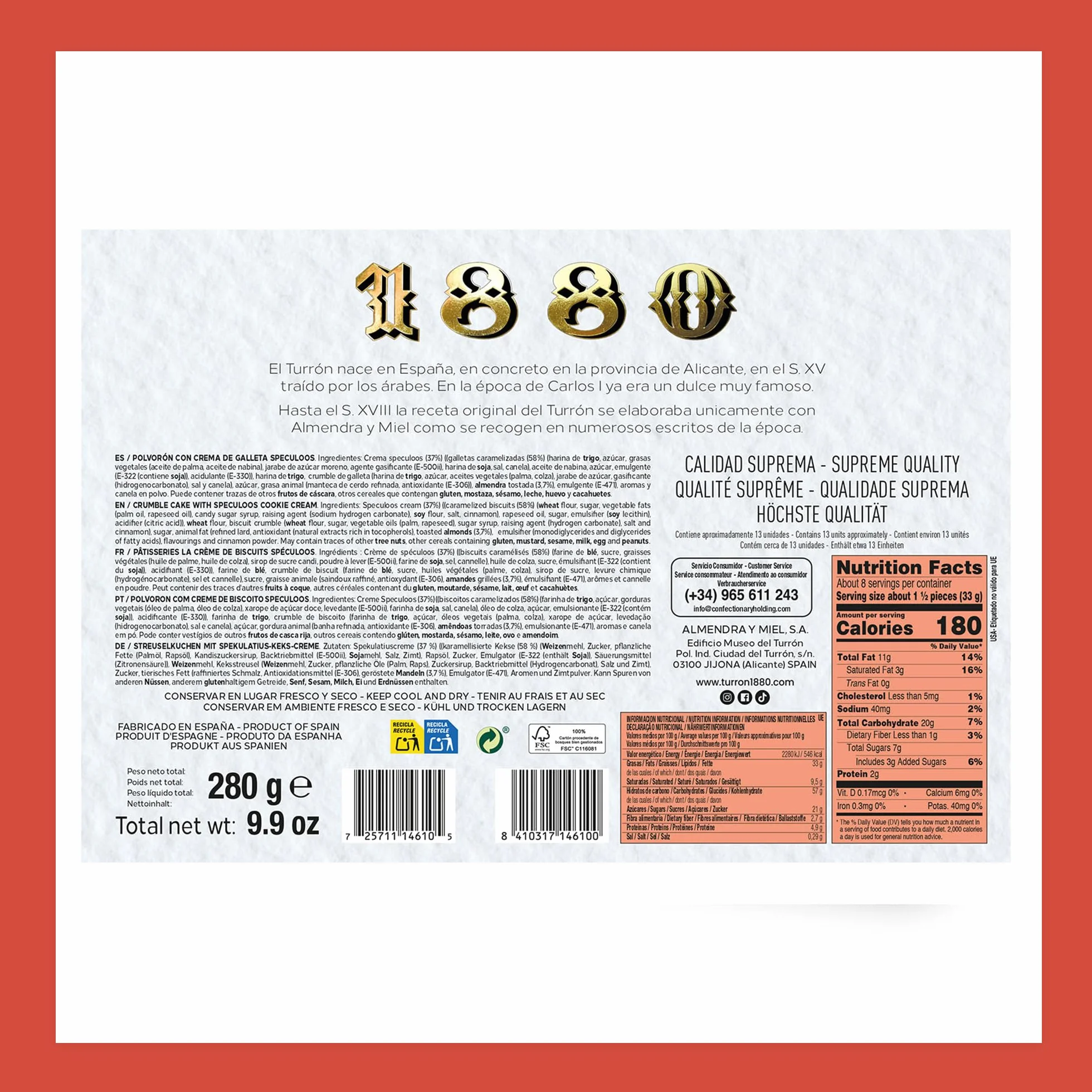 1880 - Polvorones Artesanos de Galleta Speculoos 280 g, Receta Artesanal con 95% de Galleta Speculoos y Almendra Seleccionada, Envase Individual, Textura Suave, Típico Dulce Navideño