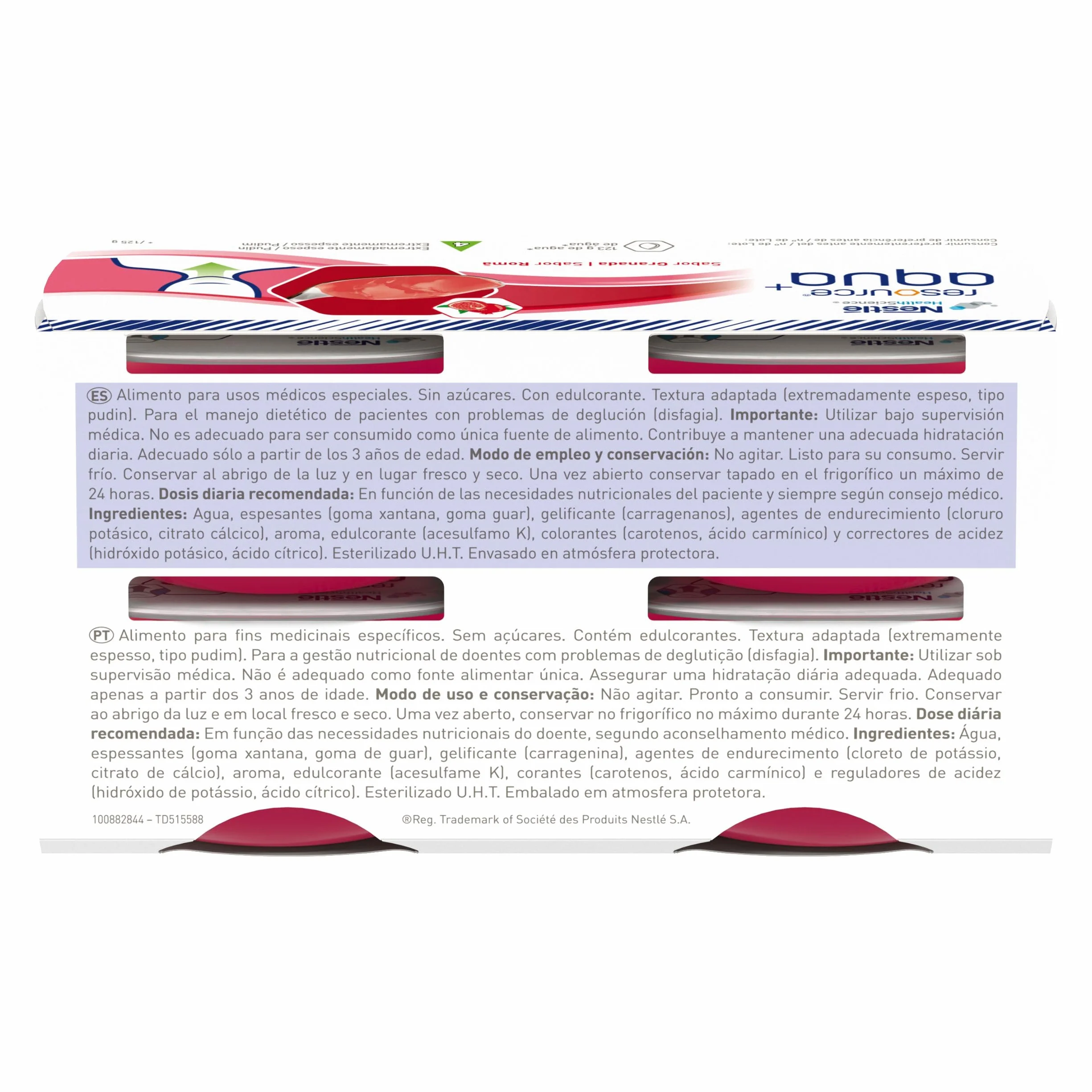 RESOURCE AQUA+ GELIFICADA, Sabor Granada, Hidratación Segura para Personas con Disfagia, Textura Tipo Pudin, Fácil Ingesta, Sin Gluten ni Sacarosa, Paquete de 4 unidades x 125 gr