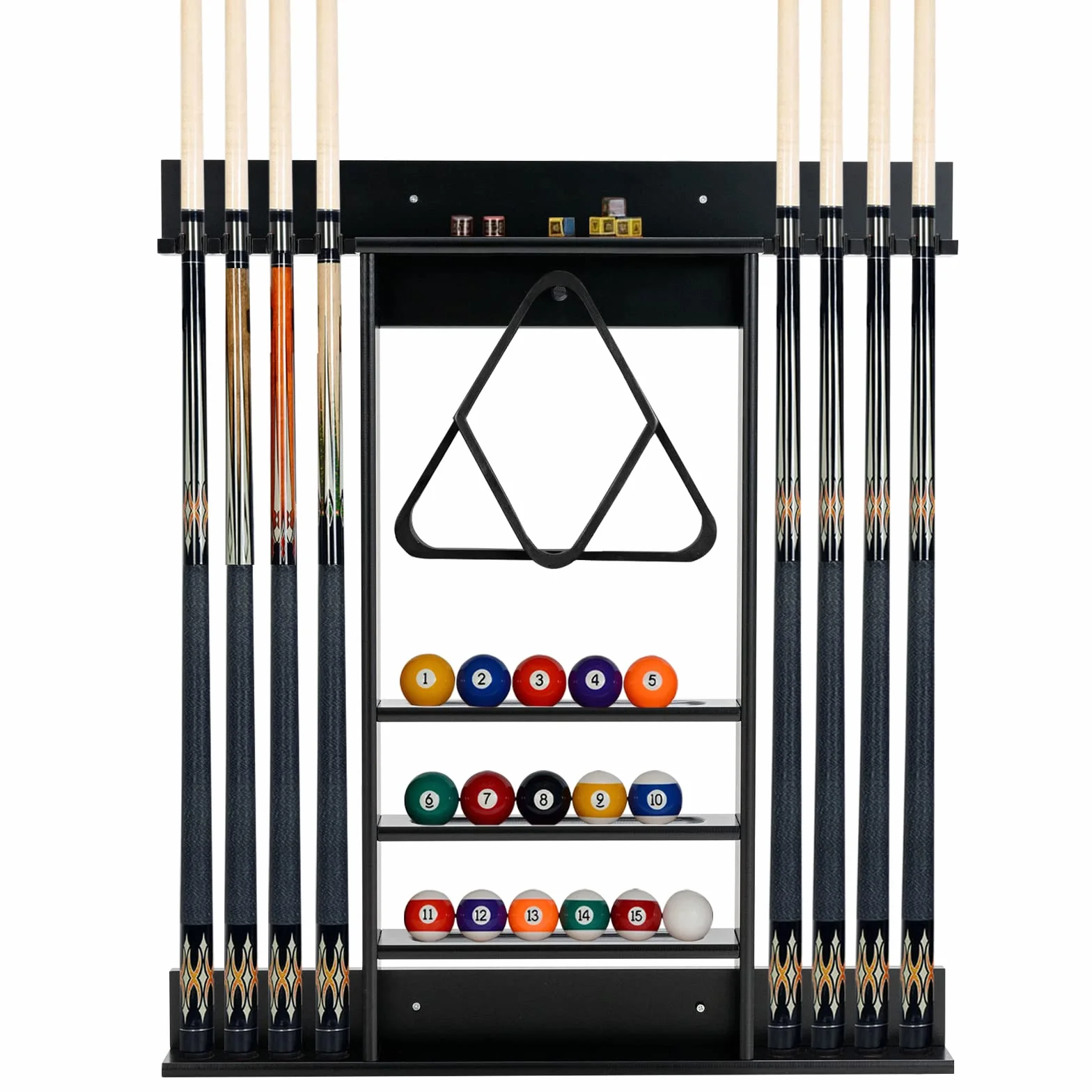 COSTWAY Billar Rack Madera Maciz Estante Palos 8 Tacos 15 Bolas 1 Soporte Equipo Compacto Sala Club Bar Negro