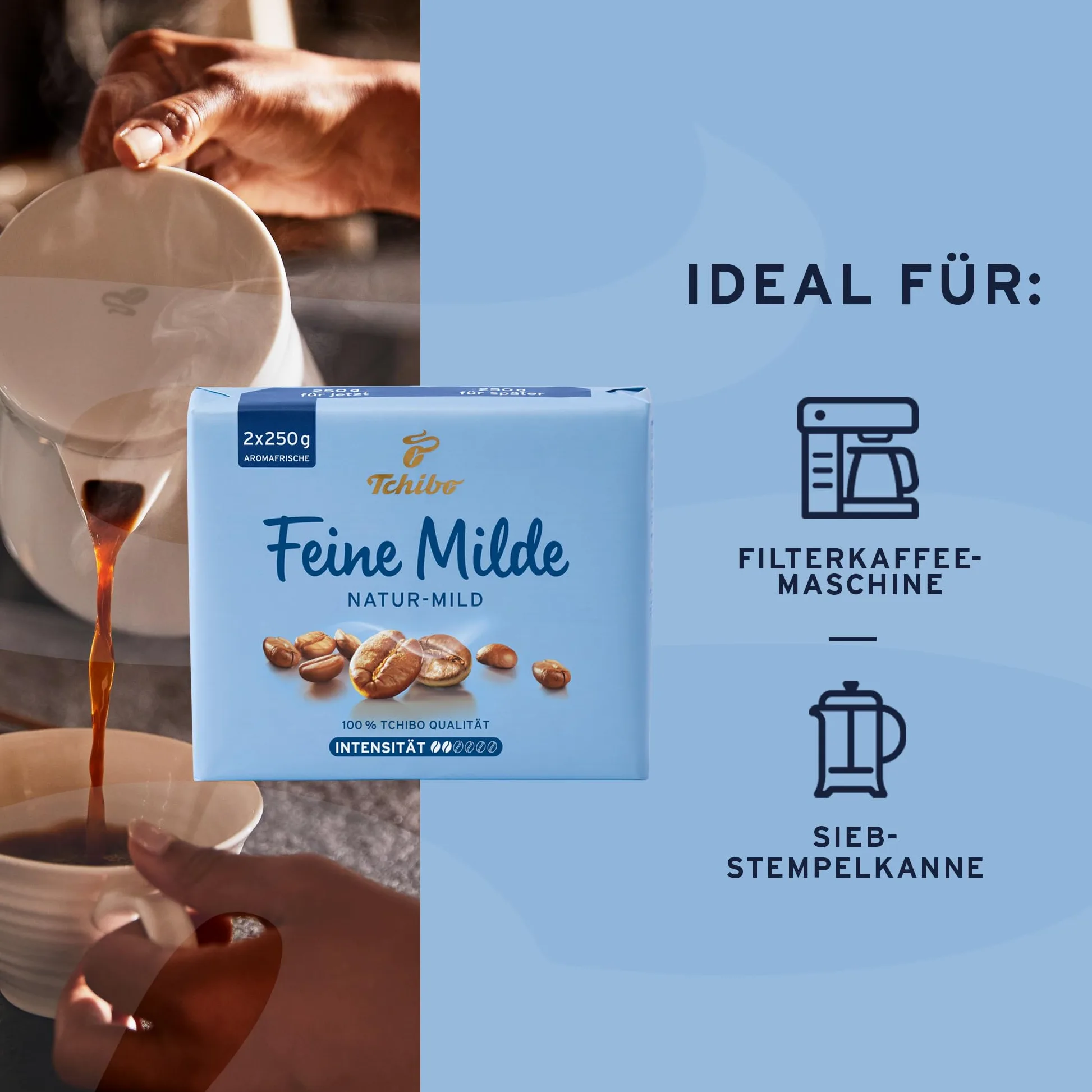 Tchibo - Feine Milde Ground Coffee - 9x 500g (2x 250g) | Sabor aromático suave, envasado con aroma fresco, preparación en cafetera de filtro, filtro manual o jarra de tamiz
