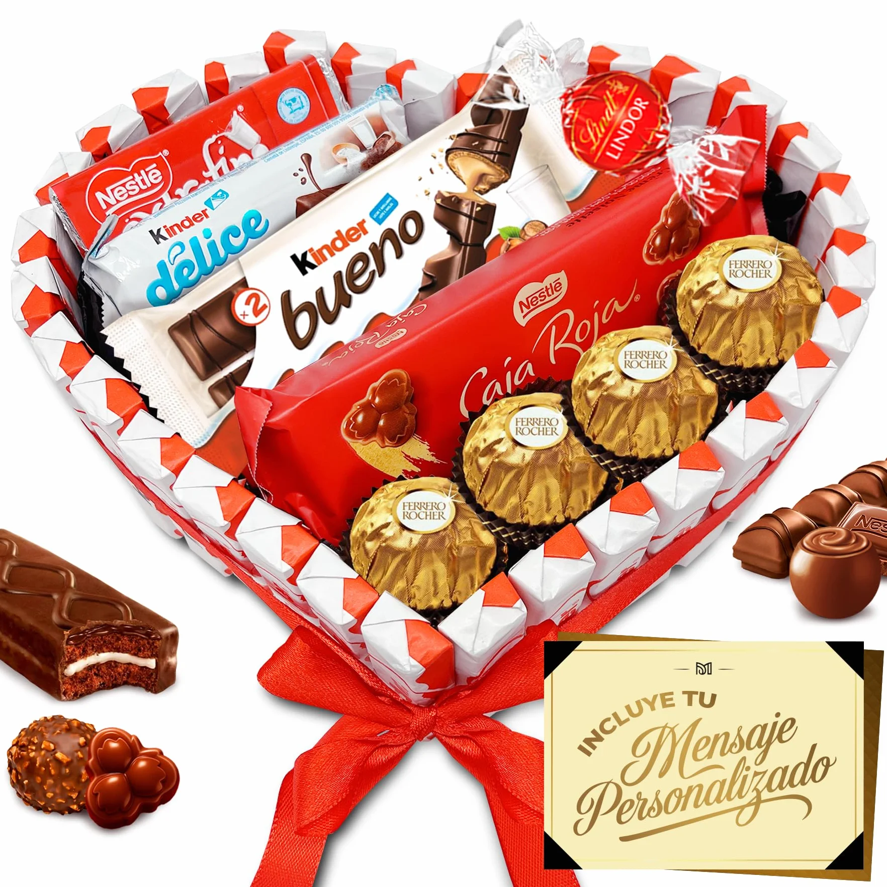 Corazón Sorpresa Regalo Dia del Padre con +40 Bombones y Chocolates – Ferrero Rocher, Lindt Lindor, Caja Roja, Kinder – Tarjeta Personalizada y Presentación Especial