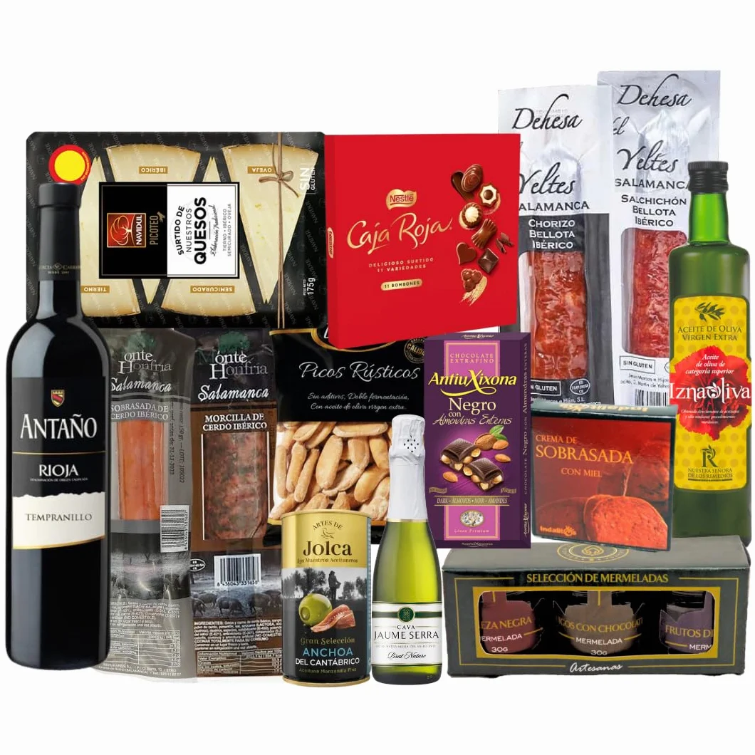 Cesta Gourmet con Ibéricos, Bombones, Chocolate, Vino, Embutidos, Aceite de Oliva Virgen - Regalo Original para Empresa y Particulares