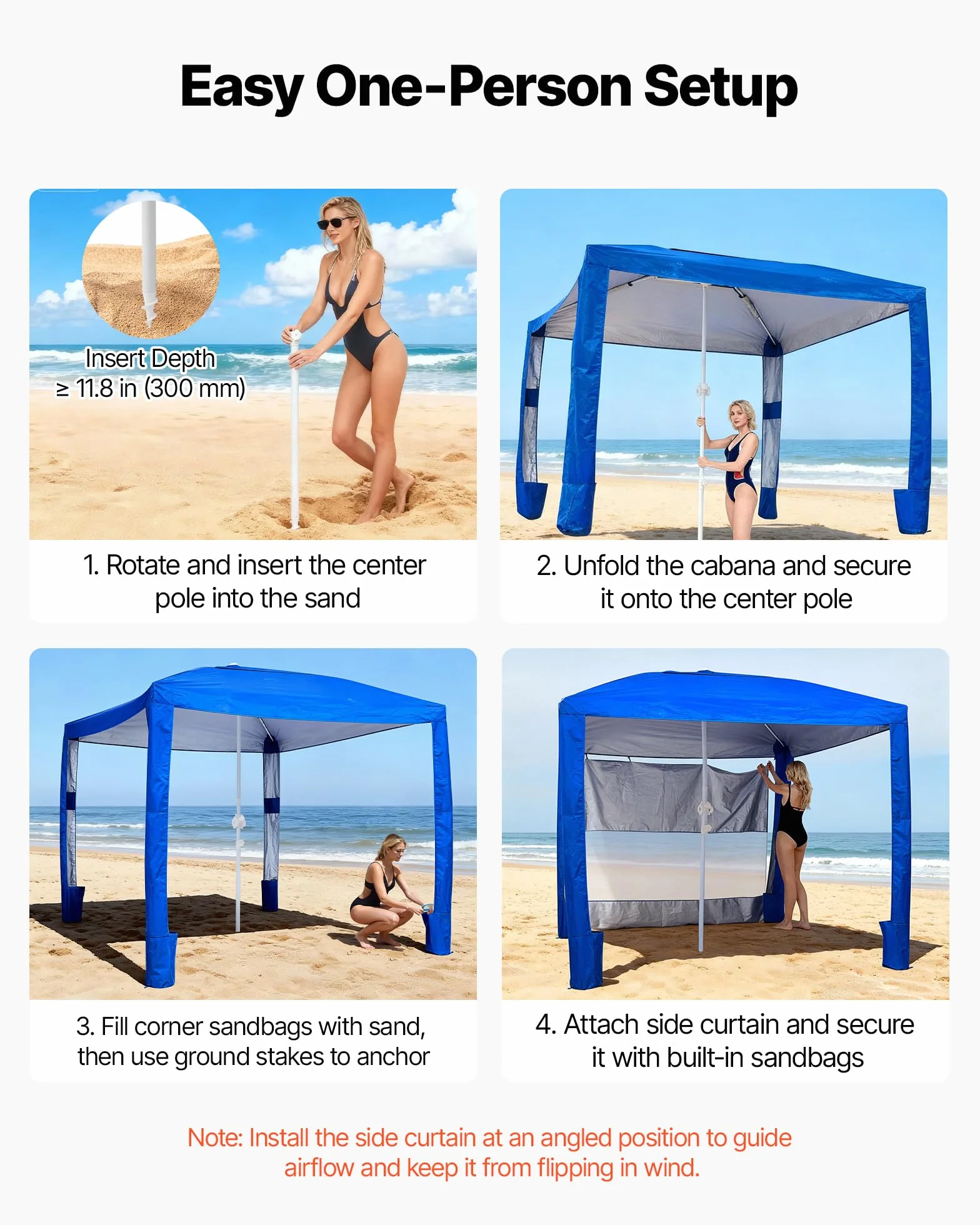 VEVOR Cabaña de Playa 2,4 x 2,4 m UPF 50+ Protección Solar con Pared Lateral Portátil