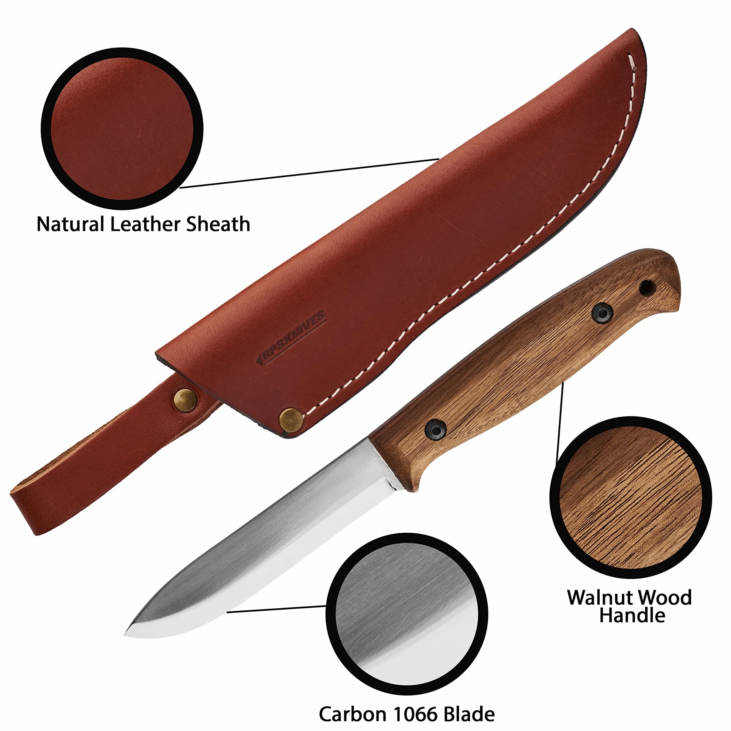 Cuchillo Bushcraft BPSKNIVES BS2FTS de Hoja Fija Acero al Carbono con Vaina de Cuero