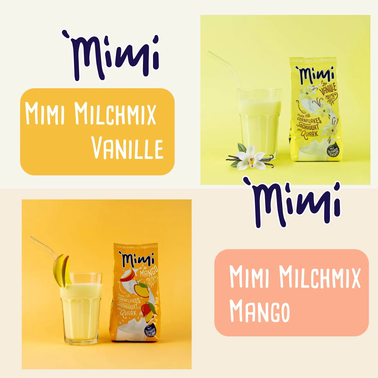 Mimi - Pack de 8 mezclas de leche en polvo (2 paquetes de 400 g cada uno), diseño de plátano, fresa, mango y vainilla, ideal para el tiempo libre, la escuela o para llevar para cualquier excursión