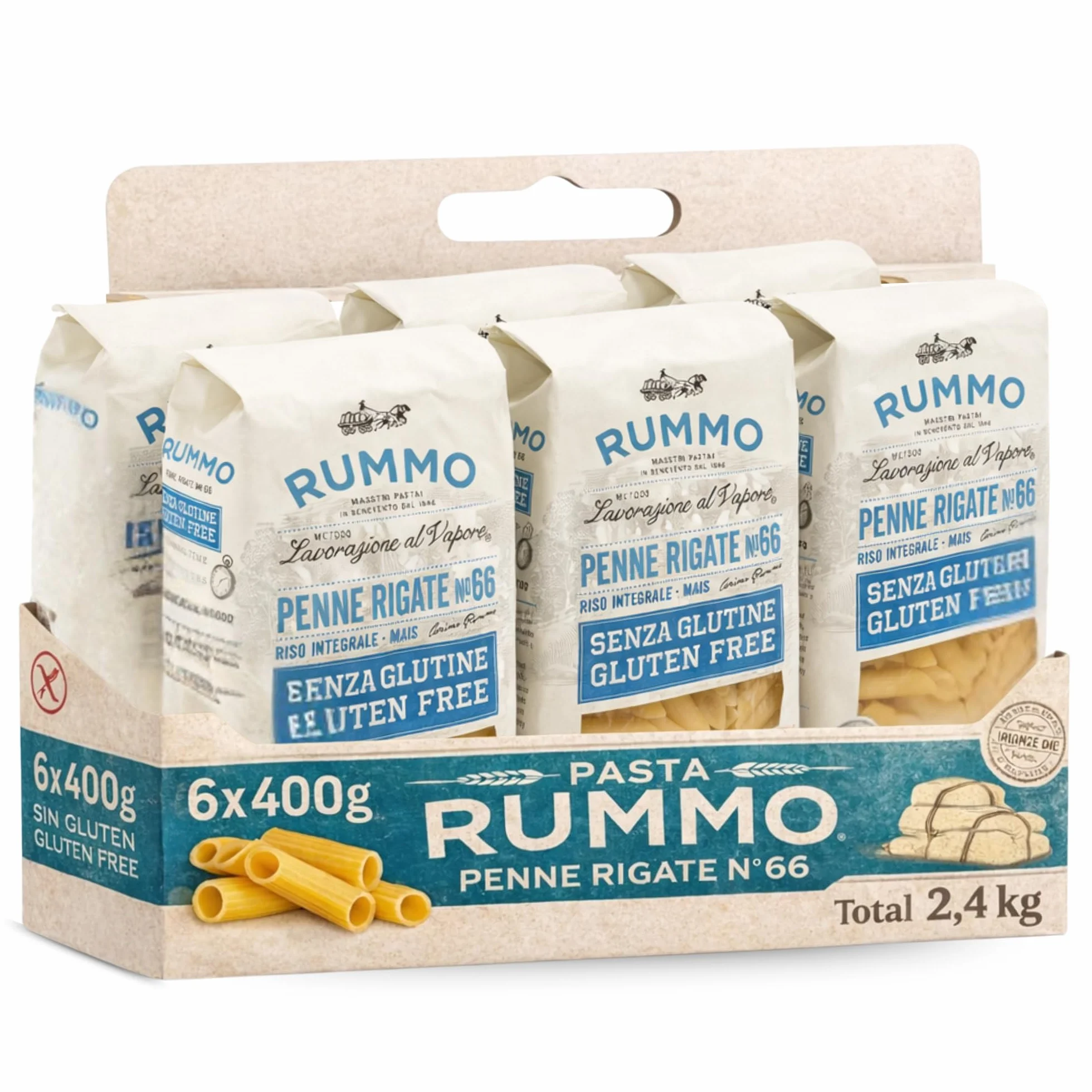 Pasta Rummo Penne Rigate SIN Gluten Nº66, Pasta Italiana, Pasta alimenticia con harina de arroz integral y maíz, Sin gluten, Elaboración lenta, Tiempo de cocción 12 minutos, 6 Paquetes de 400 gr