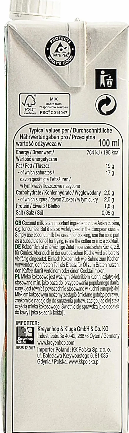 Aroy-D Leche de coco 1 litro Coconut Milk 100% Original (5 Botella)