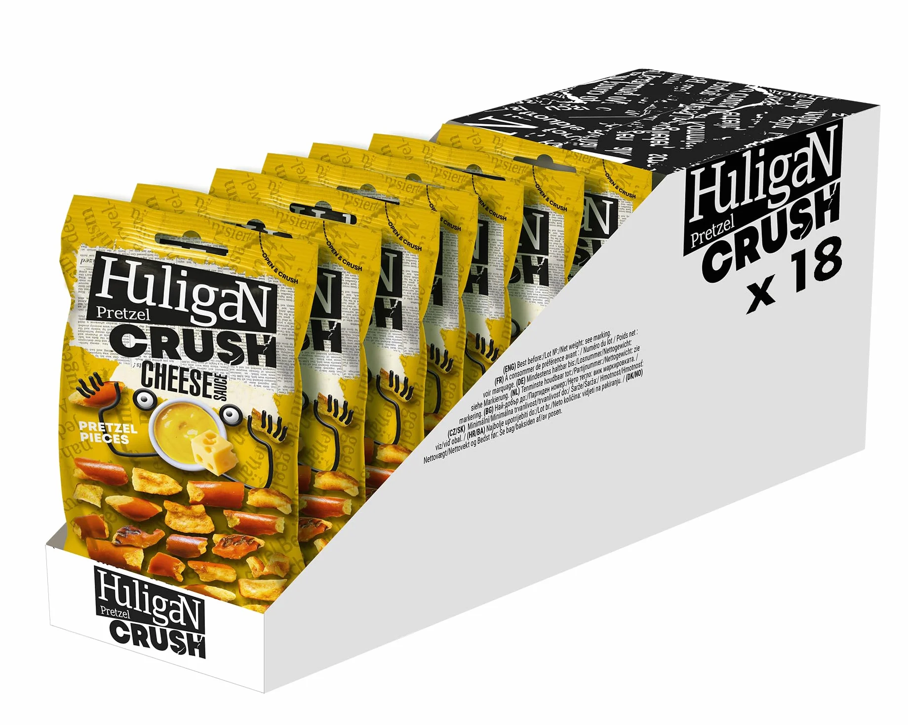 Huligan Pretzels Salsa de queso triturado 18 x 65 g Pretzel horneado finos aperitivos salados vegetariano jalapeños crujientes multipack