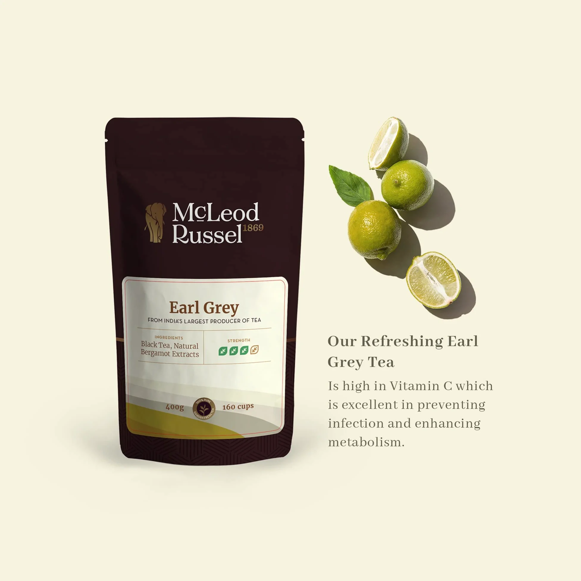 McLEOD RUSSEL 1869 Earl Grey | 400 g | Té Assam | Hojas sueltas negras ortodoxas | Mezclado con aceite de bergamota 100% natural | Cítricos y refrescante | Té caliente o helado preparado | Más de 160