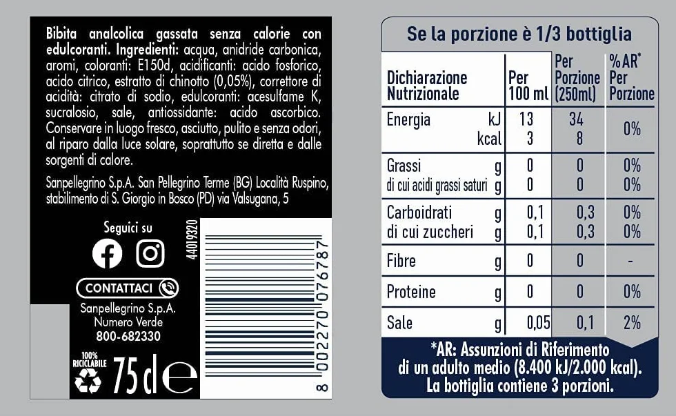 San Pellegrino Chinotto Zero PET - 12 botes de limonada sin azúcar (0,75 L), color naranja amargo