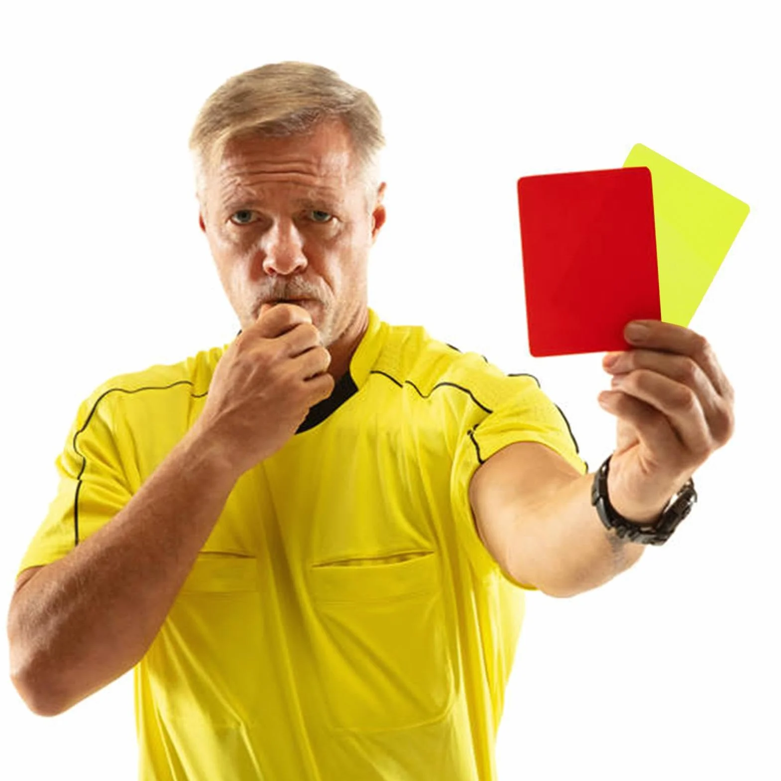 Tarjetas de árbitro rojas y amarillas para fútbol, penalización deportiva