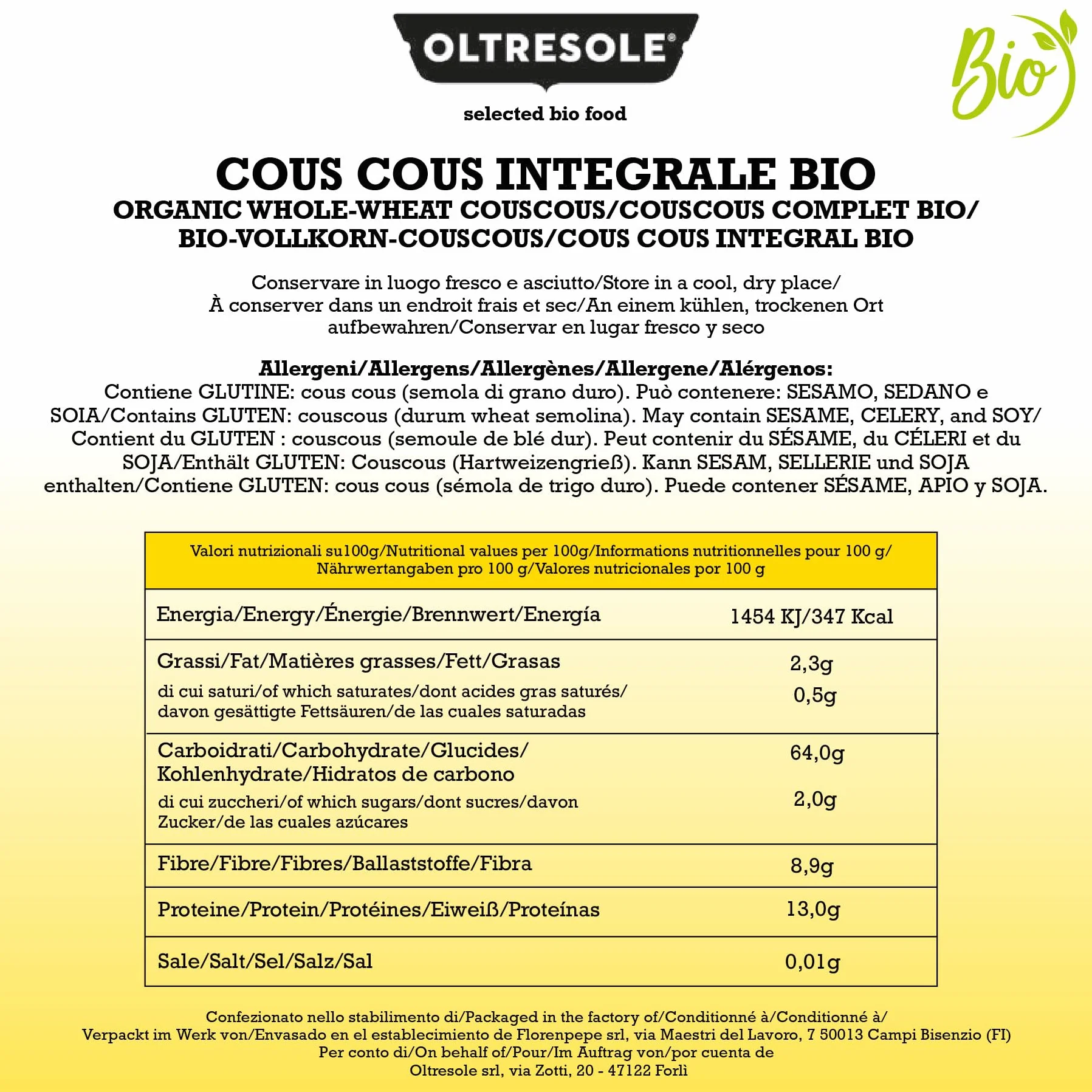 Oltresole, Cous Cous Integral Ecológico 5 kg, Harina integral de trigo duro ecológico, ideal para primeros platos y guarniciones saludables, tamaño práctico