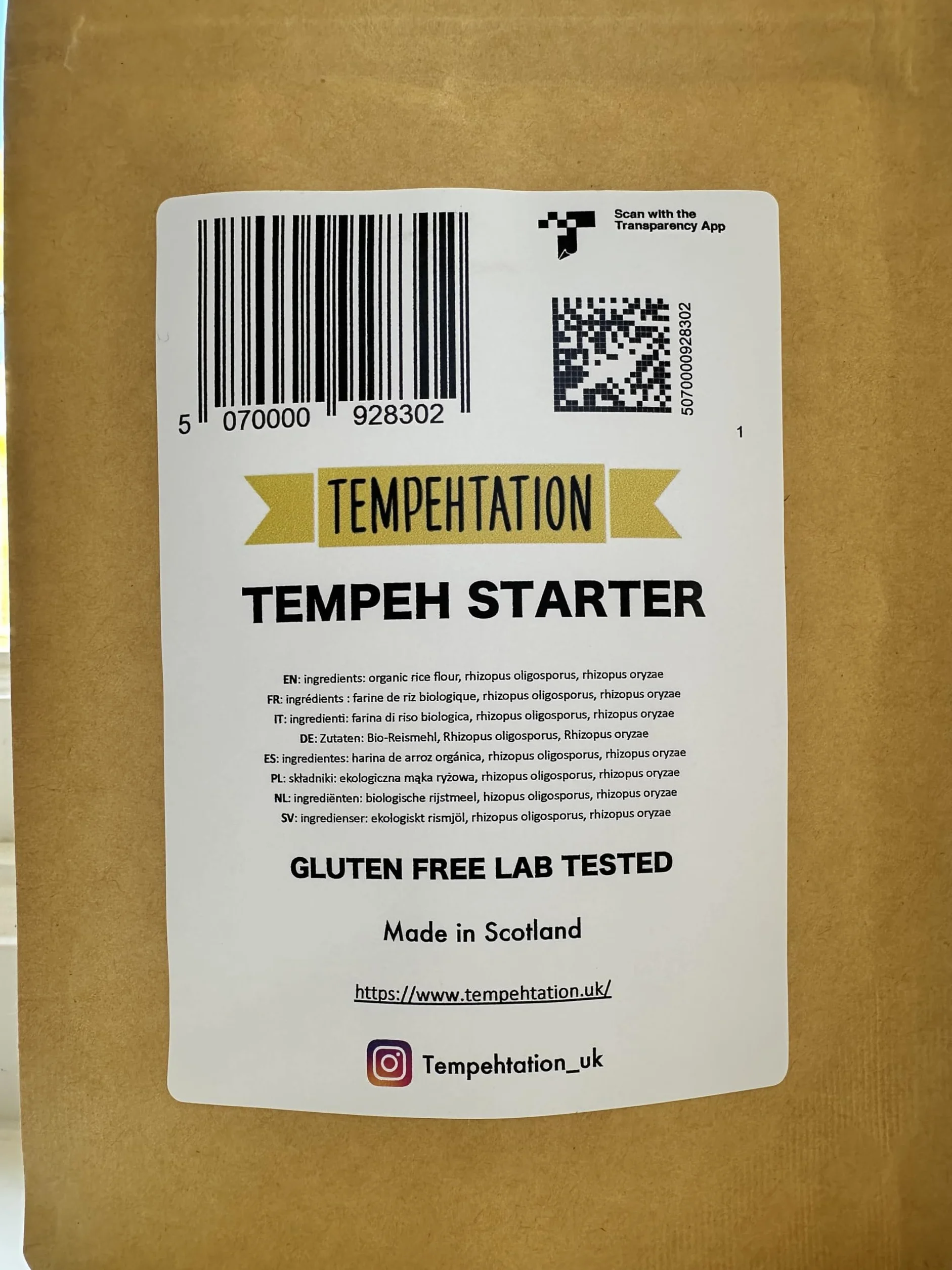 Tempehtation Cultivo Iniciador de Tempeh Orgánico, Sin Gluten Probado en Laboratorio, Hecho en Escocia, 70 Gramos