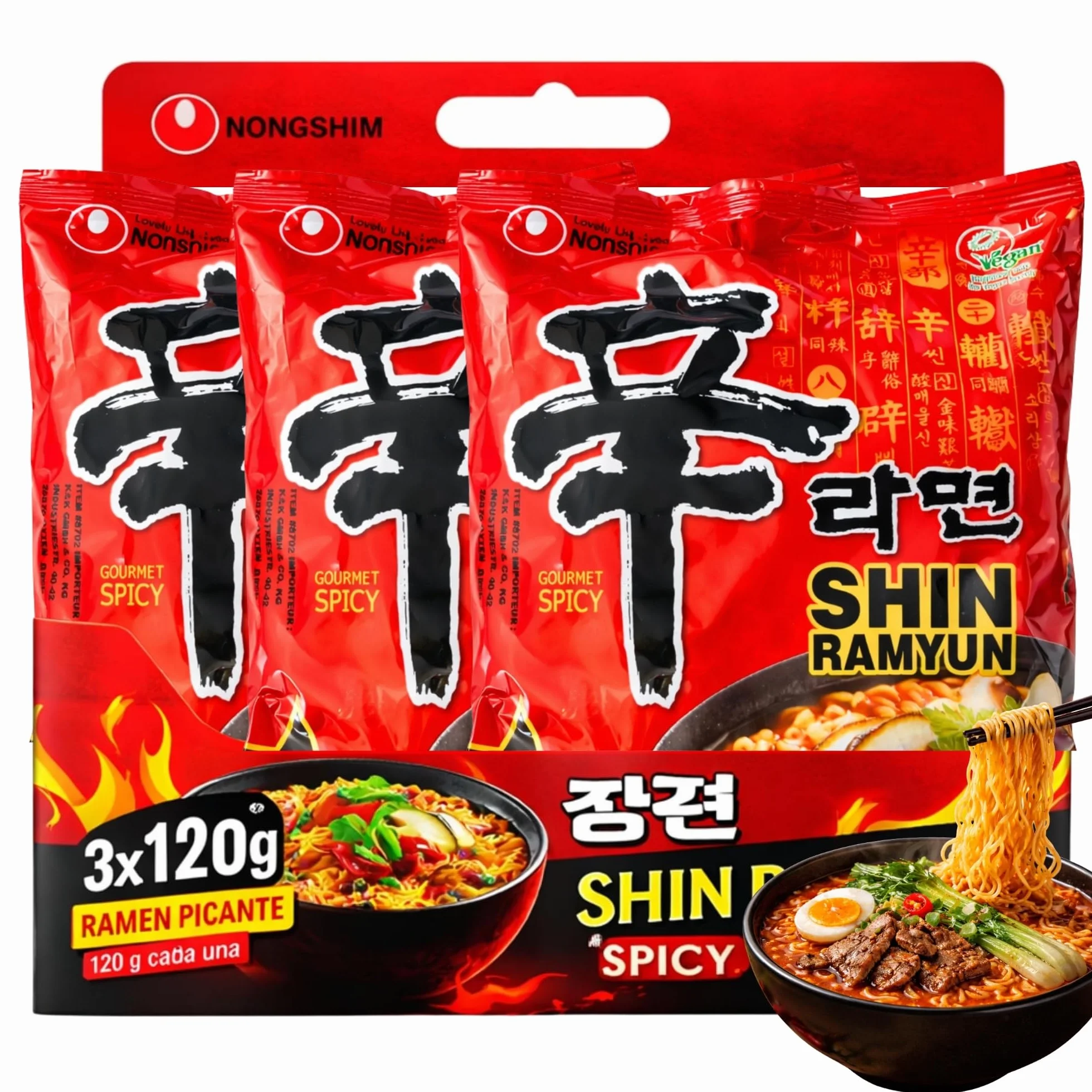 Ramen Picante Nong shin, Fideos Instantáneos Nong Shim Shin Ramyun, Instant Noodle Ramen Corea, Original Coreano, Agrega agua caliente y cocina por 5 minutos, 3 unidades de 120 g