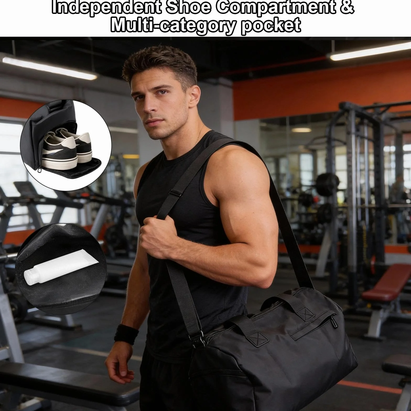 Bolsa de deporte con compartimento húmedo y seco, para zapatos, múltiples bolsillos, negra