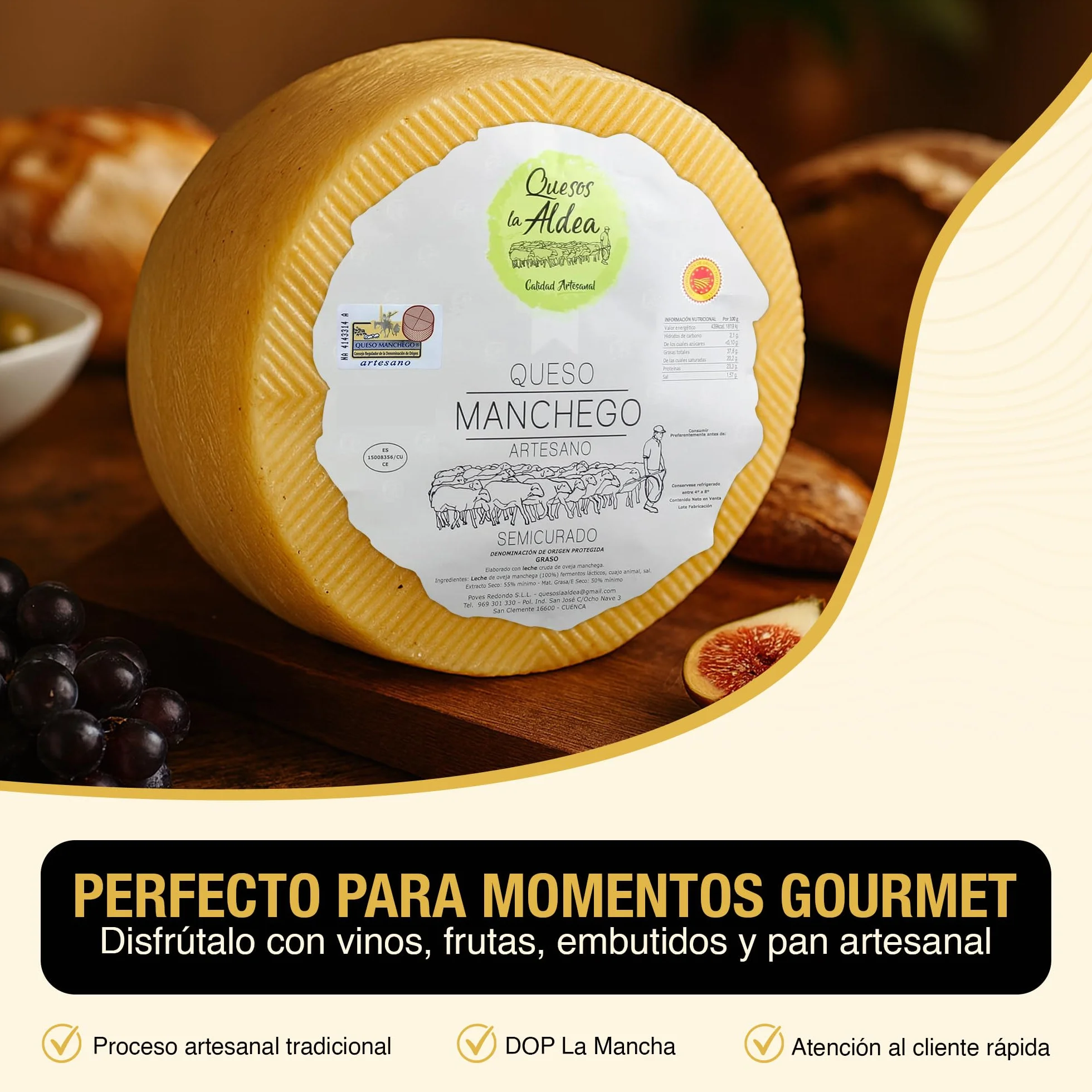 Queso Manchego Artesano Semicurado 3 kg Leche de Oveja D.O. La Mancha Gourmet Regalo