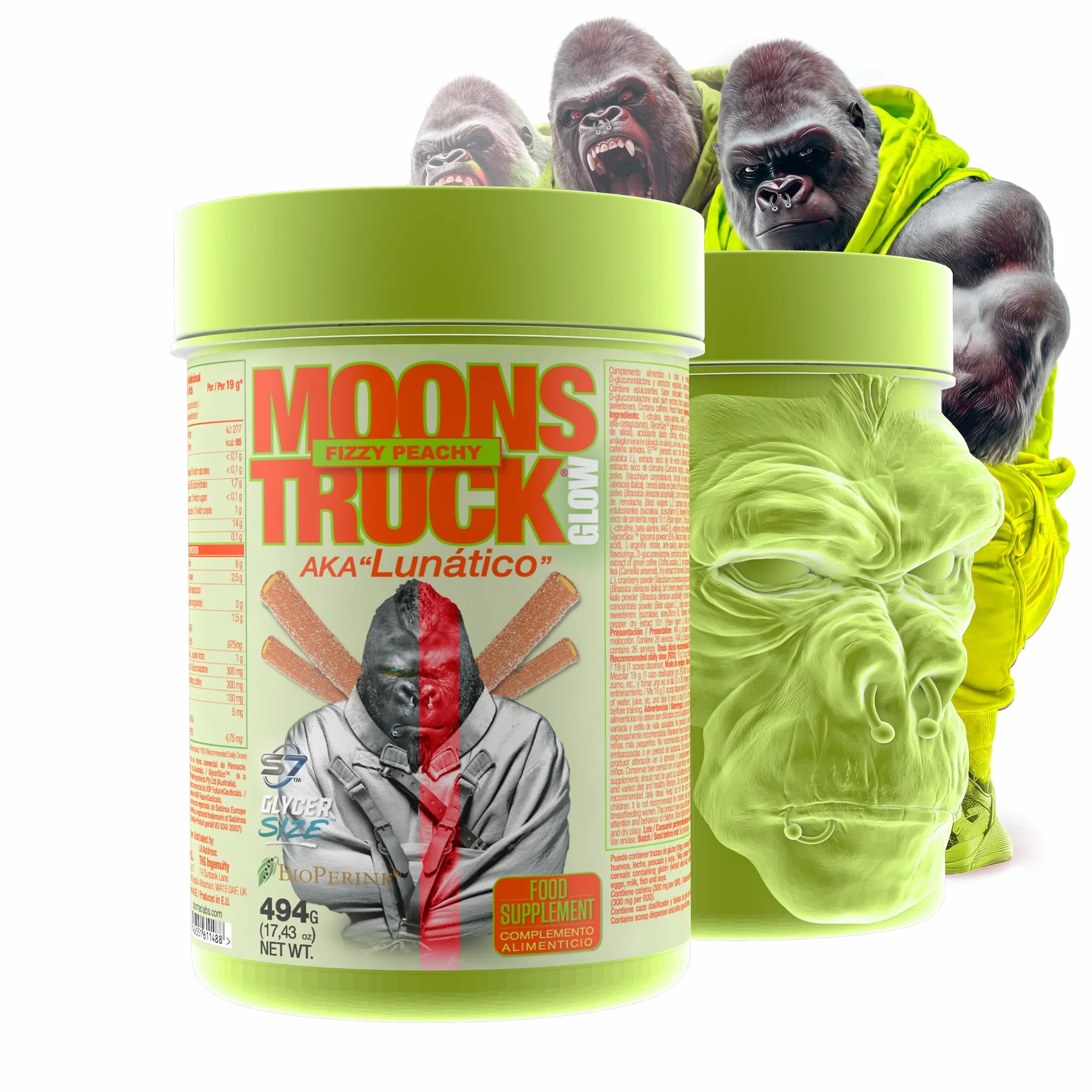 Pre Workout Moonstruck Glow Zoomad Labs 494g – Preentreno Premium para Gimnasio con Cafeína, Óxido Nítrico, Pump Extremo y Fuerza – Bote 3D Gorila Glow que Brilla - Fizzy Peachy