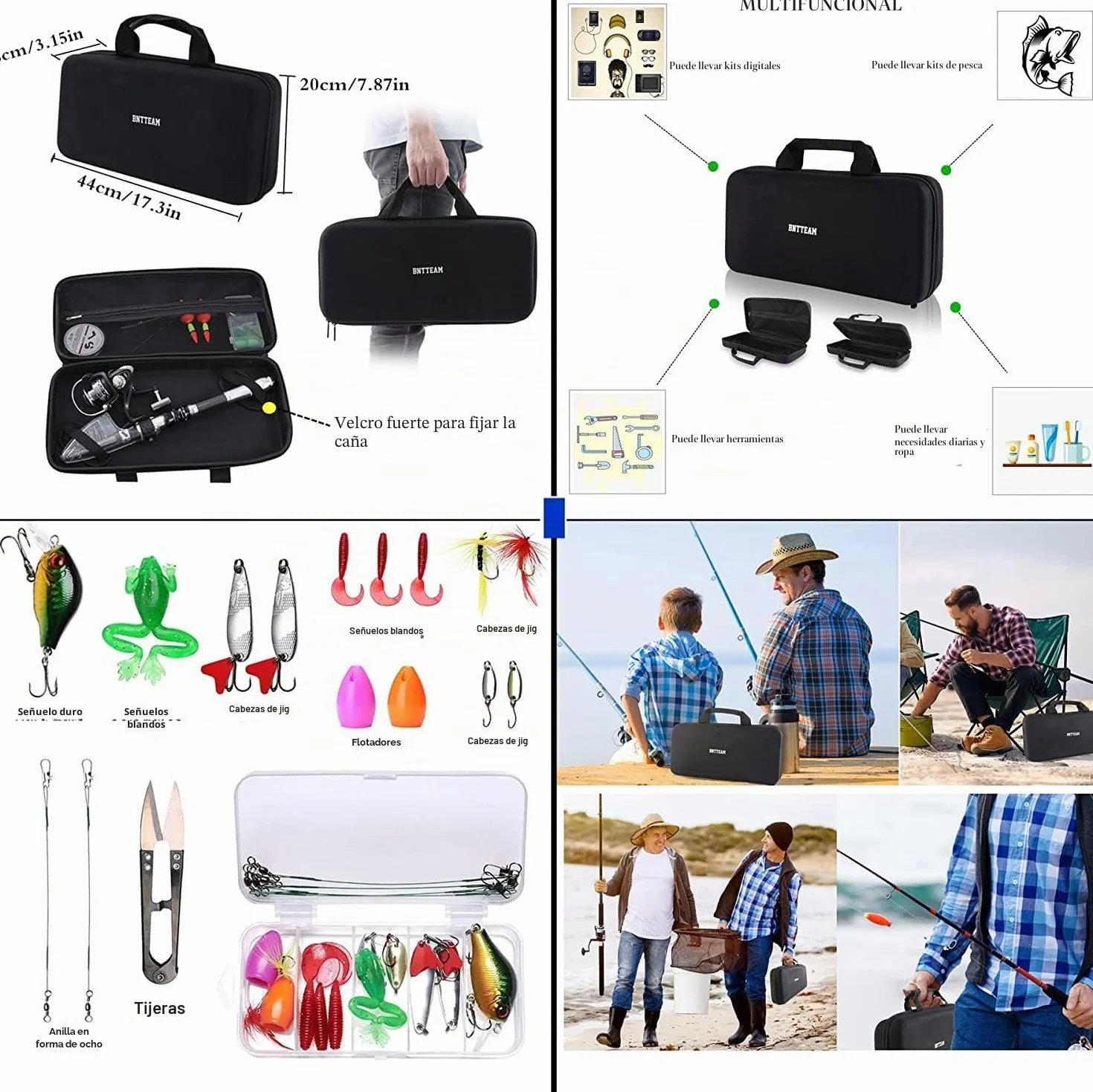 Caña de Pescar Portátil y Carrete Combinado Fibra de Carbono Punta Fluorescente Kits Bolsa Transporte
