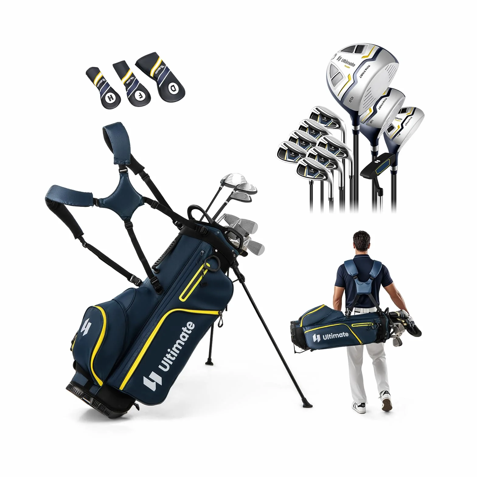 GOPLUS Set de Golf 15 Piezas para Hombre con Bolsa, Funda para Lluvia y Cabezas, Driver #1, Fairway #3, Híbrido, Hierros #5/6/7/8/9/P/S