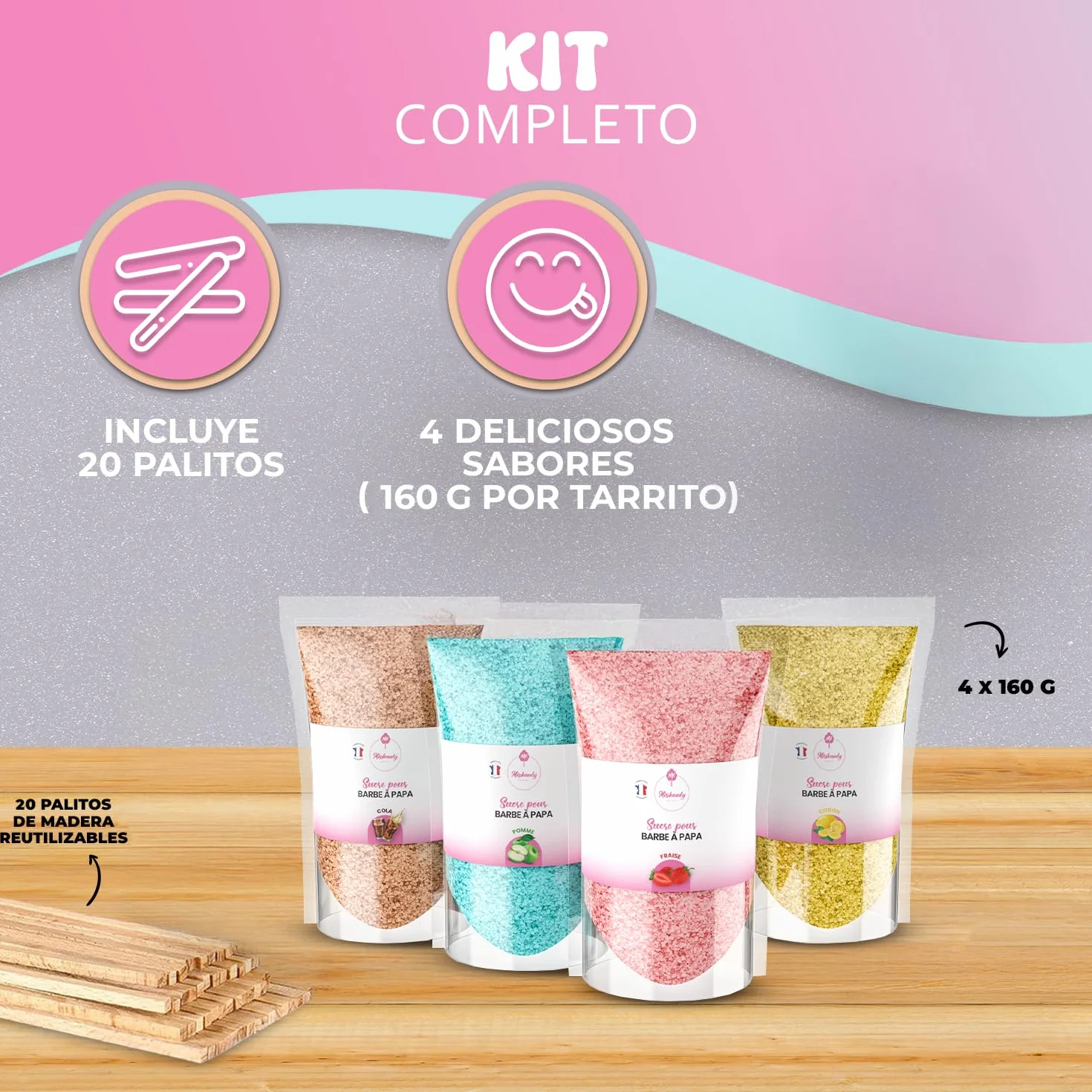Misskandy® algodón de azúcar para máquina- Pack de 4 * 160Gr - (Sabores Naturales): Sabores: Fresa/Manzana/Cola/Limón + 50 palitos (gratis)