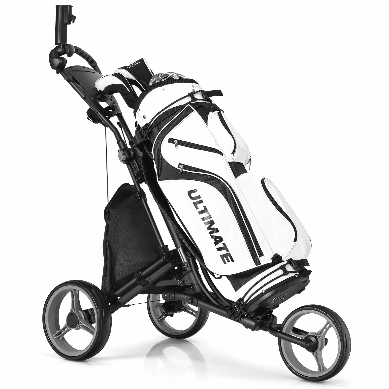 GOPLUS Carrito de Golf Plegable 3 Ruedas, Altura Ajustable, Aluminio, Portaparaguas, Bolsa Impermeable, Freno Pie, 121x70x116 cm