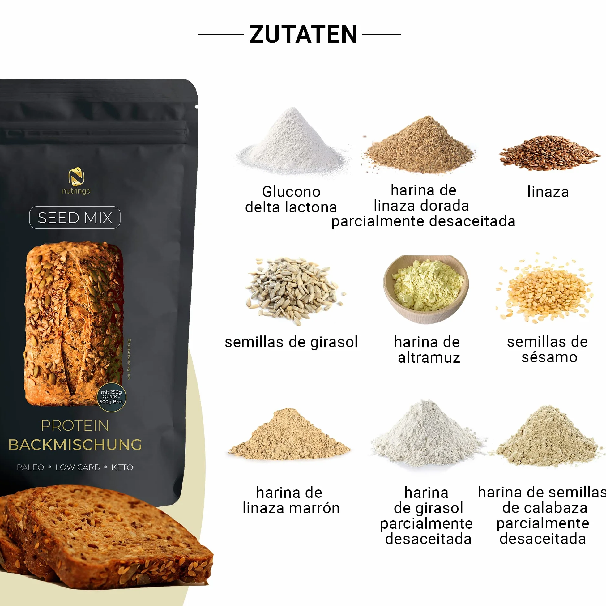 Seed Mix - Mezcla para hornear pan de proteínas 3x200g. | para 1,65 kg de pan | 4g. carbohidratos | Sin cereales | Sin gluten | Para Paleo, Keto baja en carbohidratos | Apto para diabéticos