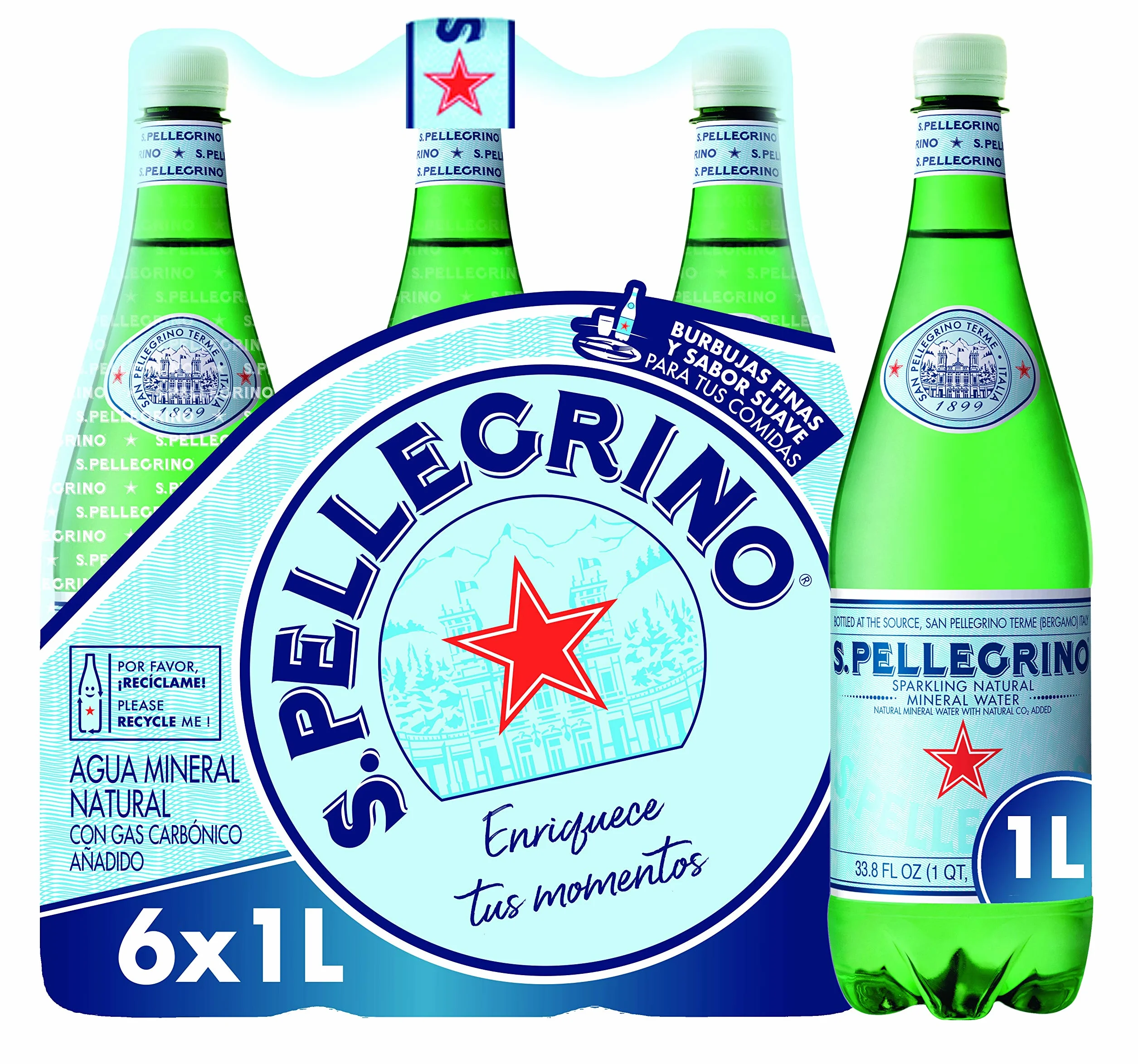 S.Pellegrino - Agua mineral natural con gas, 6 botellas, 1L