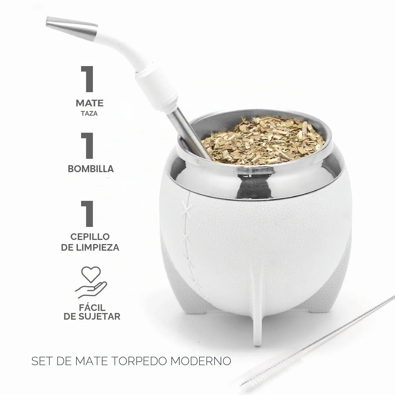 balibetov Mate Argentino - Set elegante y duradero con un Mate Torpedo de Acero Inoxidable, Bombilla y Cepillo de Limpieza (Blanco)
