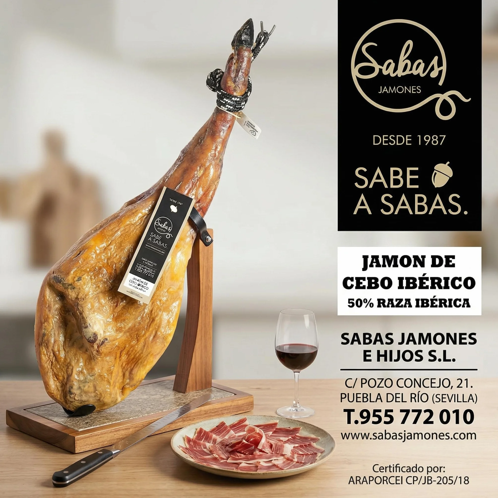 SABE A SABAS Jamon Iberico de Cebo 50% Raza Iberica Pieza Entera 8-9 kg Curacion Bodega Natural Mas de 30 Meses Sin Gluten Jugoso Gourmet Regalo Celebracion Aperitivo Navidad Tabla