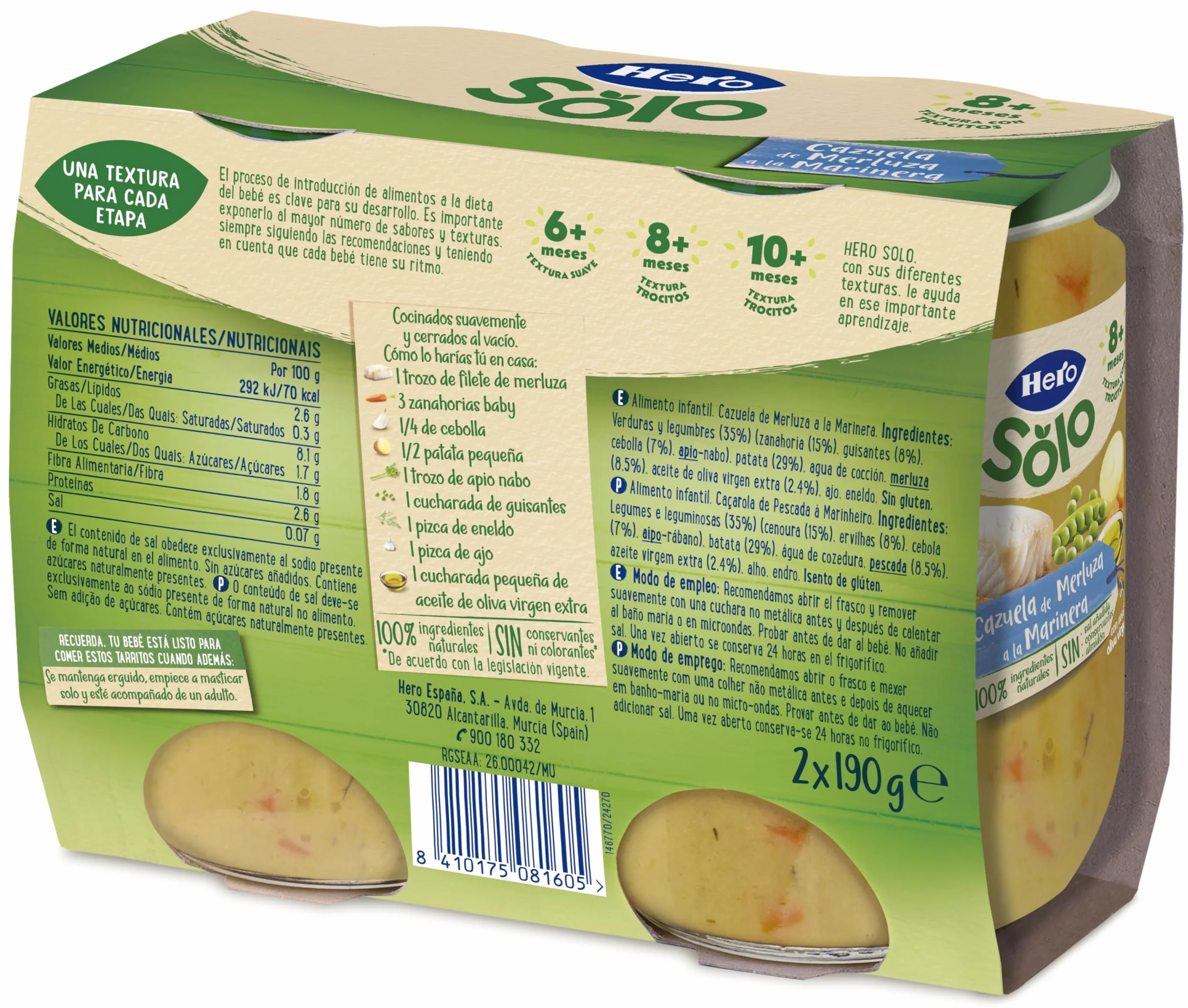Hero Baby - Recetas Caseras, Tarritos de Cazuelita de Merluza a la Marinera, Sin Sal Añadida, Sin Almidón, Sin Aceite de Palma, Ingredientes 100% Naturales, 6 Packs de 2x190g
