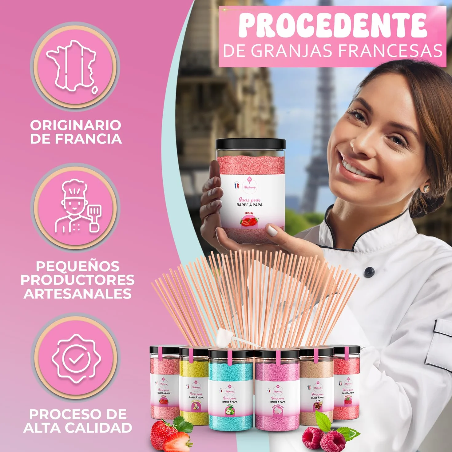 Misskandy,azucar para algodon de azucar/para máquina 1,8 kg (6 * 300g)/sabores: fresa, manzana, malvavisco, cola, frambuesa, piña colada, + 50 palos (30 cm) (ofrecido)